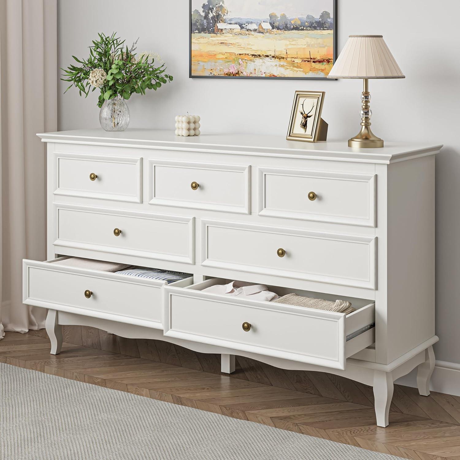 White 7-Drawer Dresser with Solid Wood Legs and Painted Finish