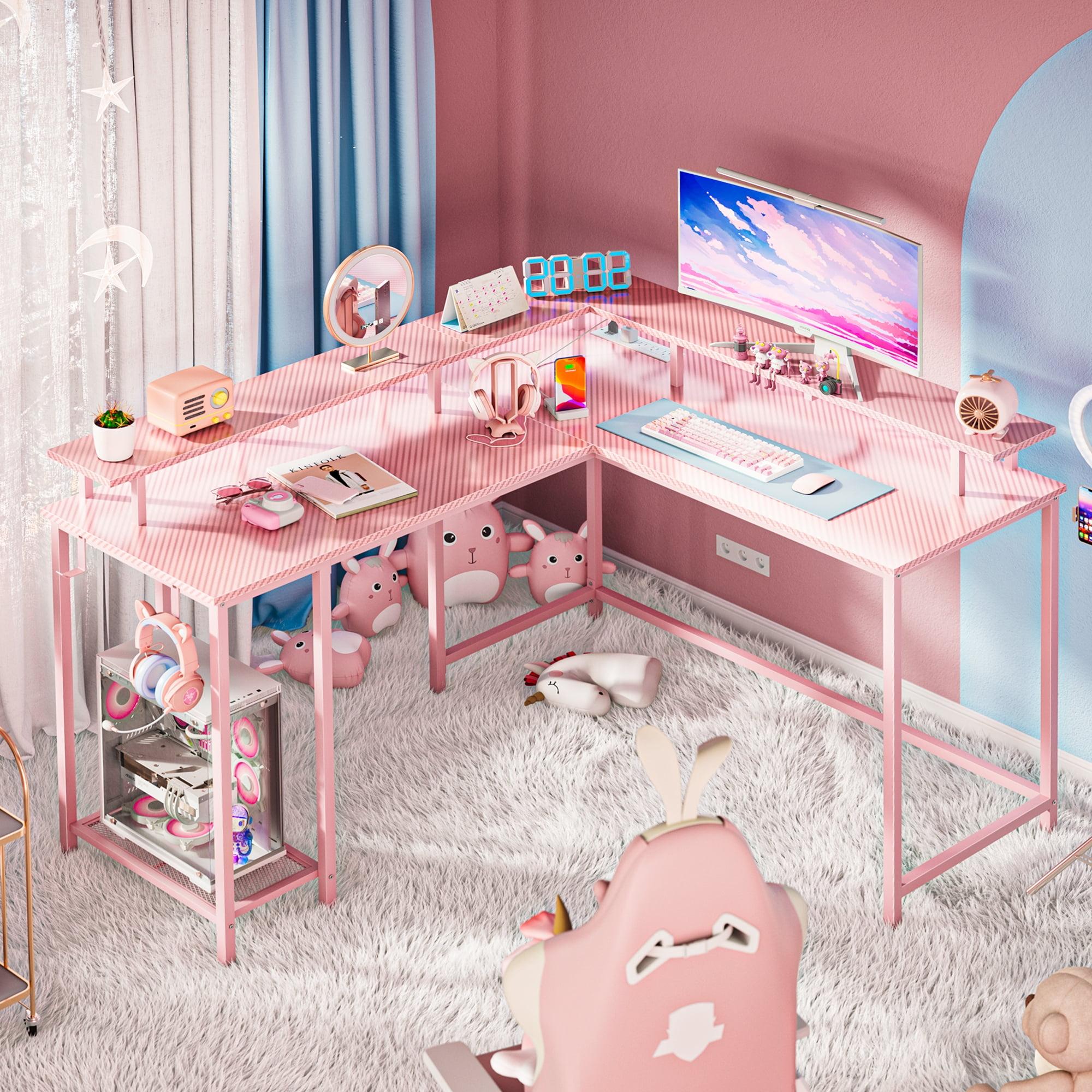 SUPERJARE L Shaped Desk with Outlets & USB Ports, Gaming Desk with LED Light Strip, Corner Computer Desk, L Office Desk, Monitor Stand, Hooks, and Storage Shelves, Pink
