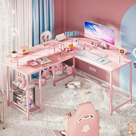 SUPERJARE L Shaped Desk with Outlets & USB Ports, Gaming Desk with LED Light Strip, Corner Computer Desk, L Office Desk, Monitor Stand, Hooks, and Storage Shelves, Pink