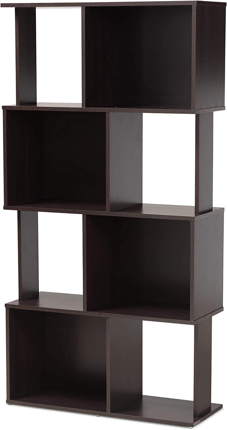Zig-Zag Dark Brown Wood Geometric Bookshelf with Enclosed Cubes