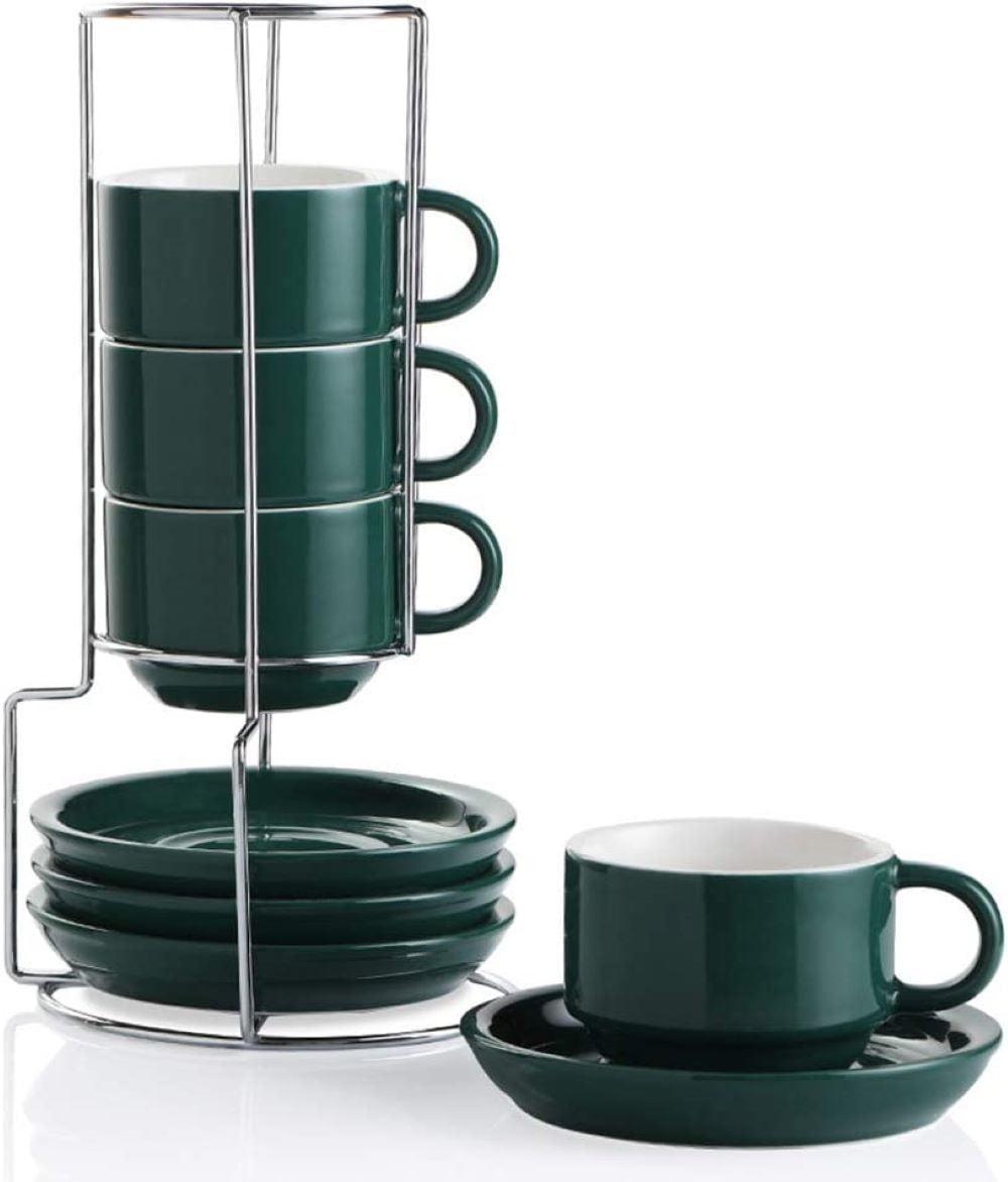 SWEEJAR Porcelain Espresso Cups with Saucers, 4 Ounce Stackable Cappuccino Cups with Metal Stand,Set of 4,Jade