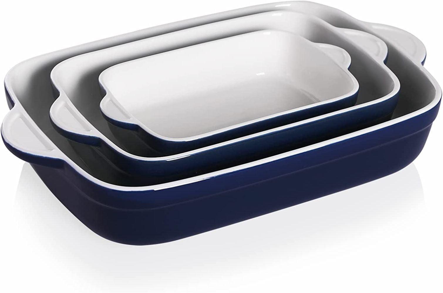 SWEEJAR Rectangular Ceramic Bakeware Set, Non-Stick Roasting Pan with Handles Baking Dishes,Casserole Pans for Cake Dinner, Set of 3 - Navy