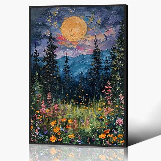 SYDposter Vintage Full Moon Above The Wildflowers Canvas Wall Art, Mystical Midnight Woodland Art Print Poster, Retro Flowers and Trees Nature Oil Painting, Dark Forest Landscape 12x16in Unframed