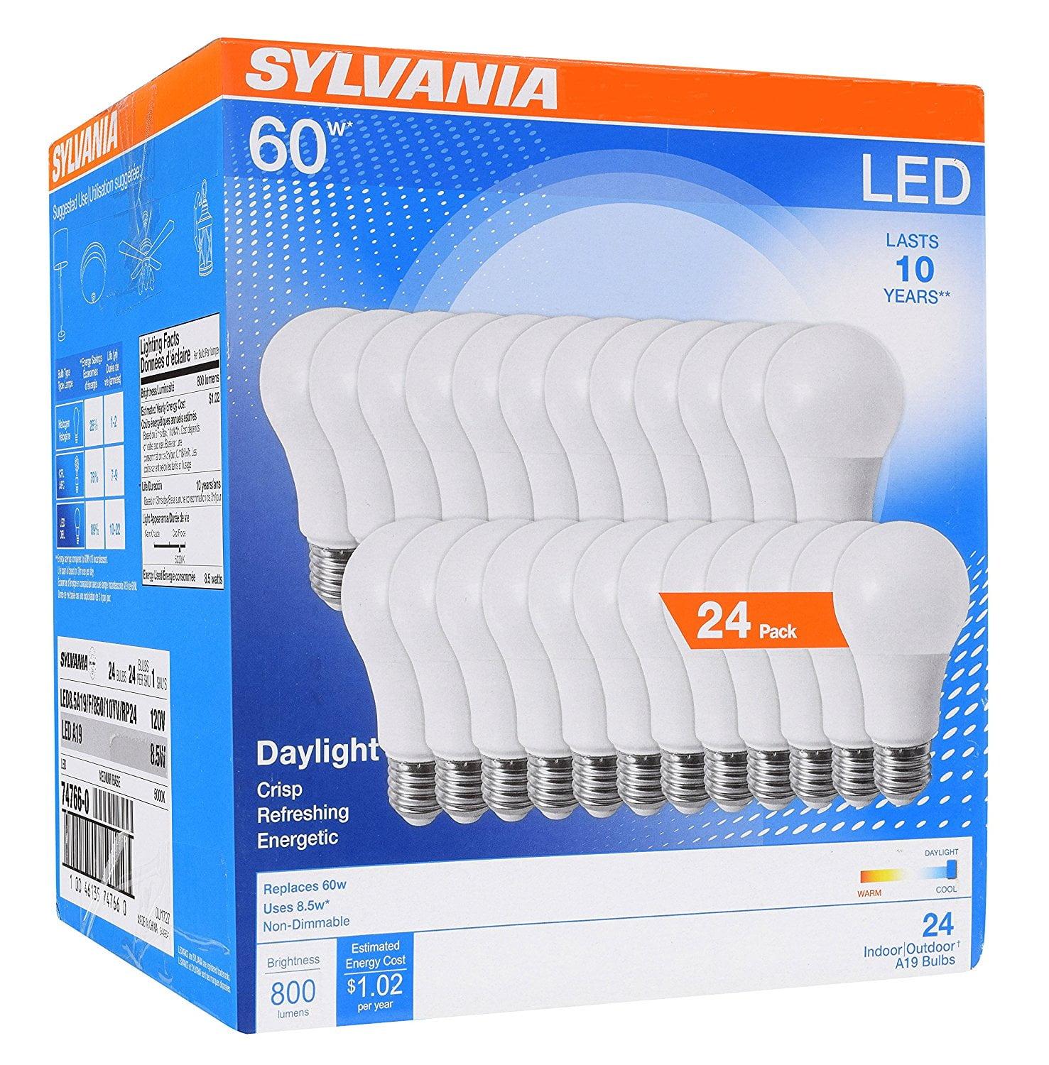 SYLVANIA General Lighting 74766 Sylvania 60W Equivalent, LED Light Bulb, A19 Lamp, Efficient 8.5W, Bright White 5000K, 24 Pack, Piece
