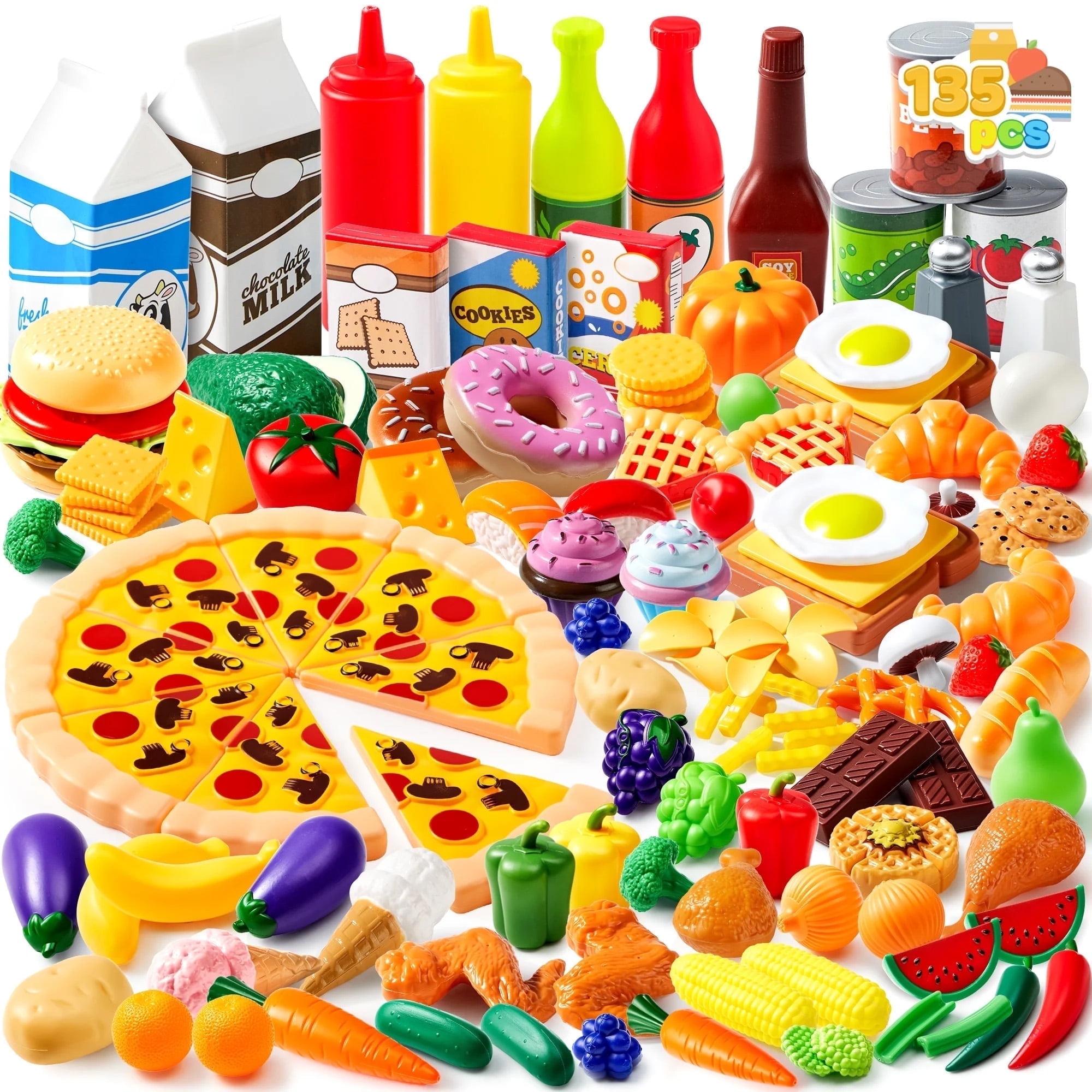 SYNCFUN 135Pcs Kids Play Food Set, Pretend Food Toys for Play Kitchen with Fruit, Vegetable, Food Can, Dessert, for Toddler Boys Girls 2 3 4 5 6 Years