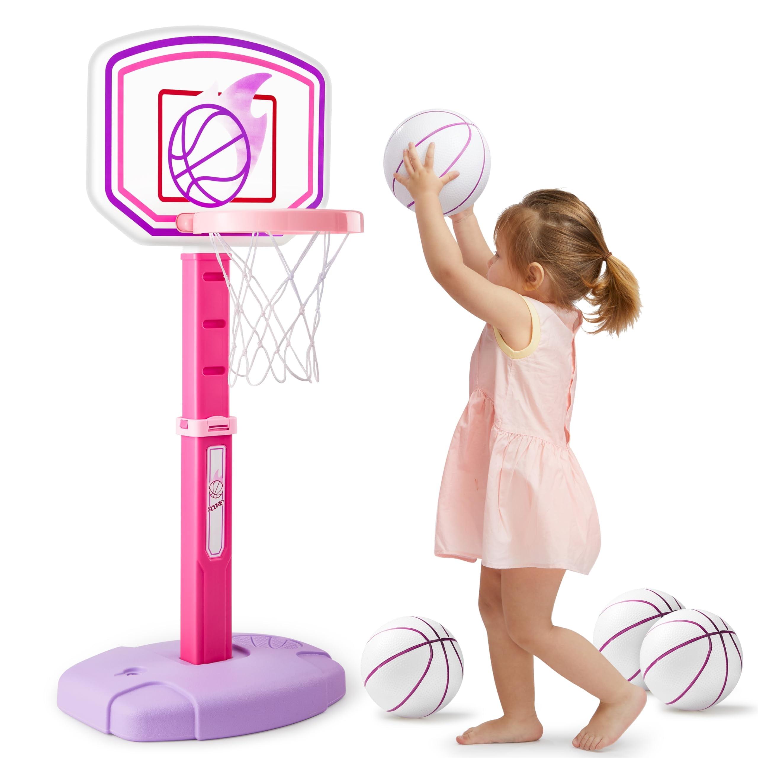 Joyfy Pink Basketball Hoop for Girls Age 1 and Up, Adjustable Basketball Goal with 4 Balls for Kids Indoor Outdoor Play- Easter Birthday Gift for Kids