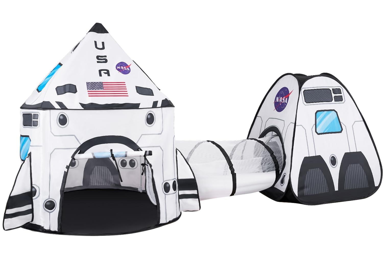 SYNCFUN White Rocket Ship Pop up Play Tent with Tunnel and Playhouse Kids Indoor Outdoor Spaceship Tent Set