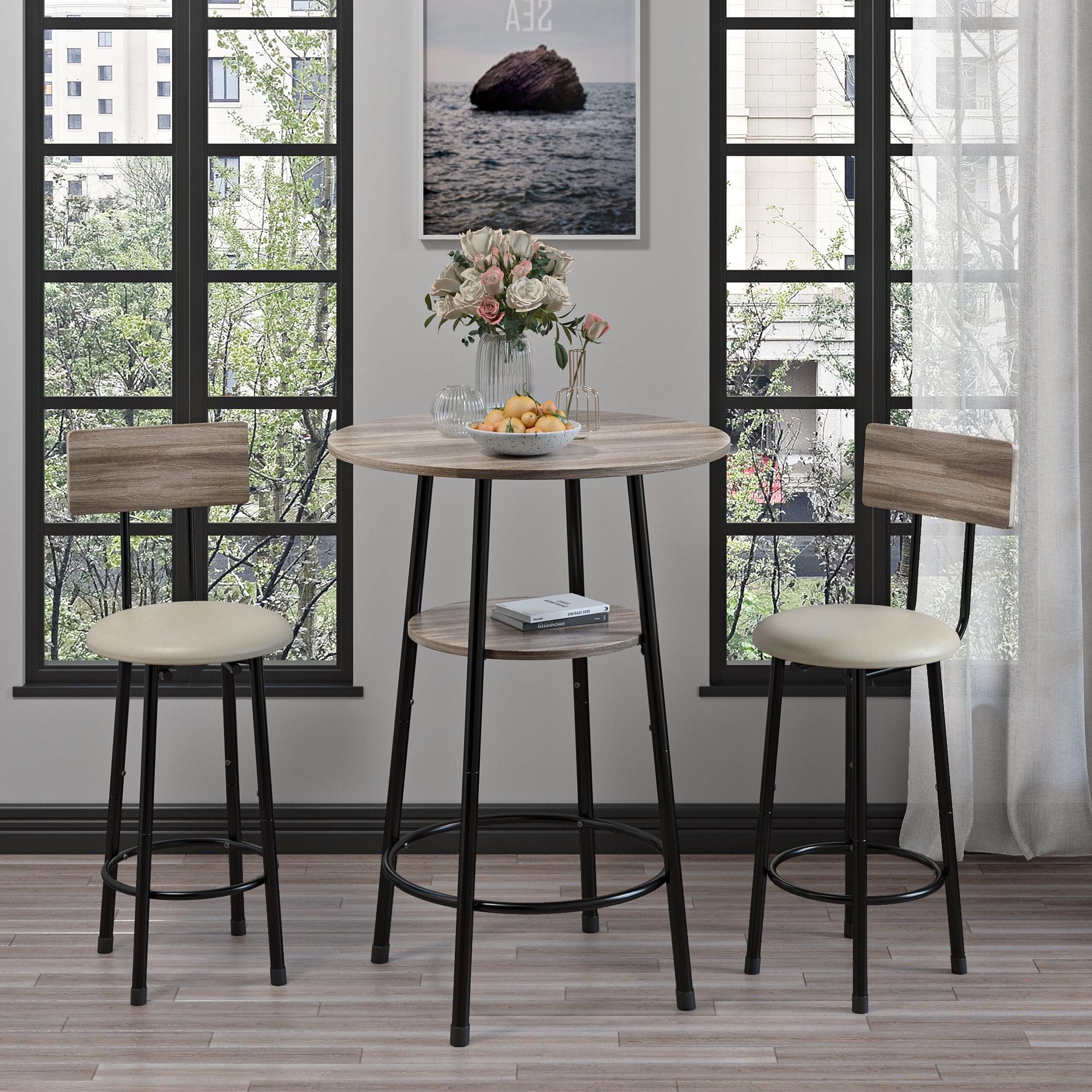 Kitchen Bar Table Set, 3-Piece Bar Table Set for Kitchen, Round Dining Room Set with 2 Upholstered Chairs, Gray Table and Chairs Dining Set for Pub Bistro Restaurant