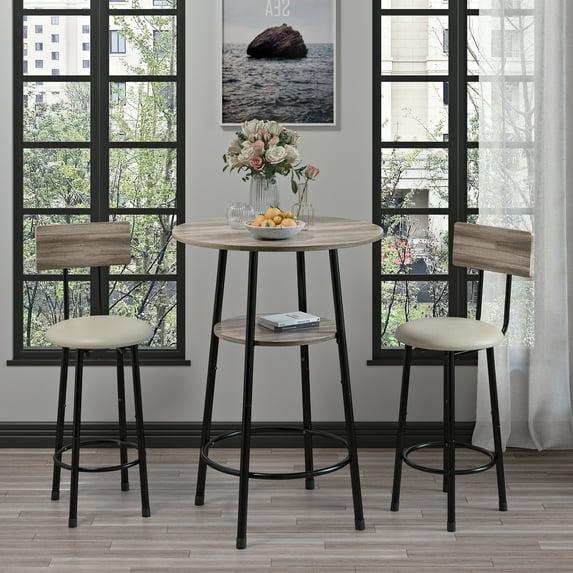 Kitchen Bar Table Set, 3-Piece Bar Table Set for Kitchen, Round Dining Room Set with 2 Upholstered Chairs, Gray Table and Chairs Dining Set for Pub Bistro Restaurant