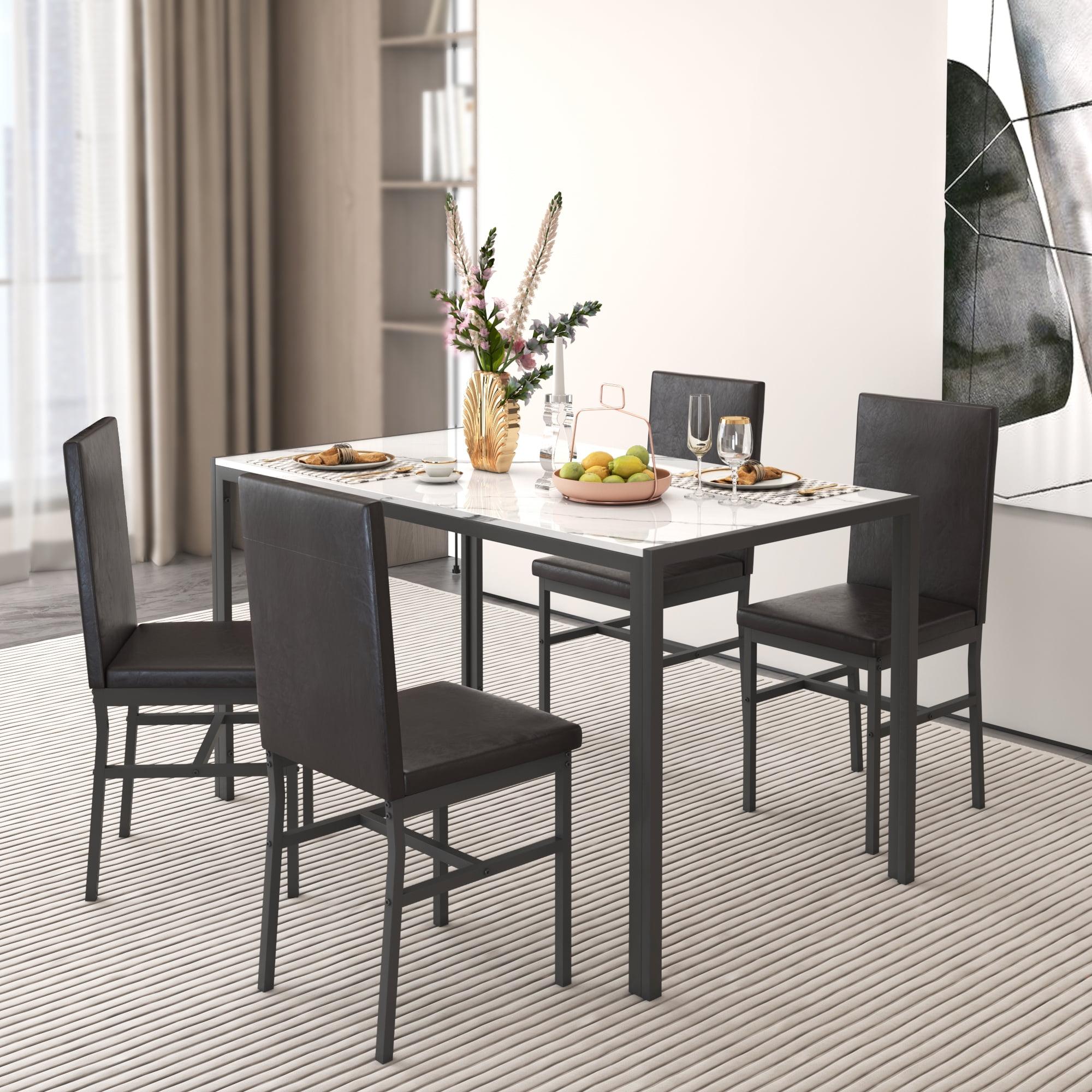 5 Piece Dining Set, Modern Dining Table and Chairs Set for 4, Kitchen Dining Table Set with Faux Marble Tabletop and 4 PU Leather Upholstered Chairs, for Small Space, Breakfast Nook, D8835