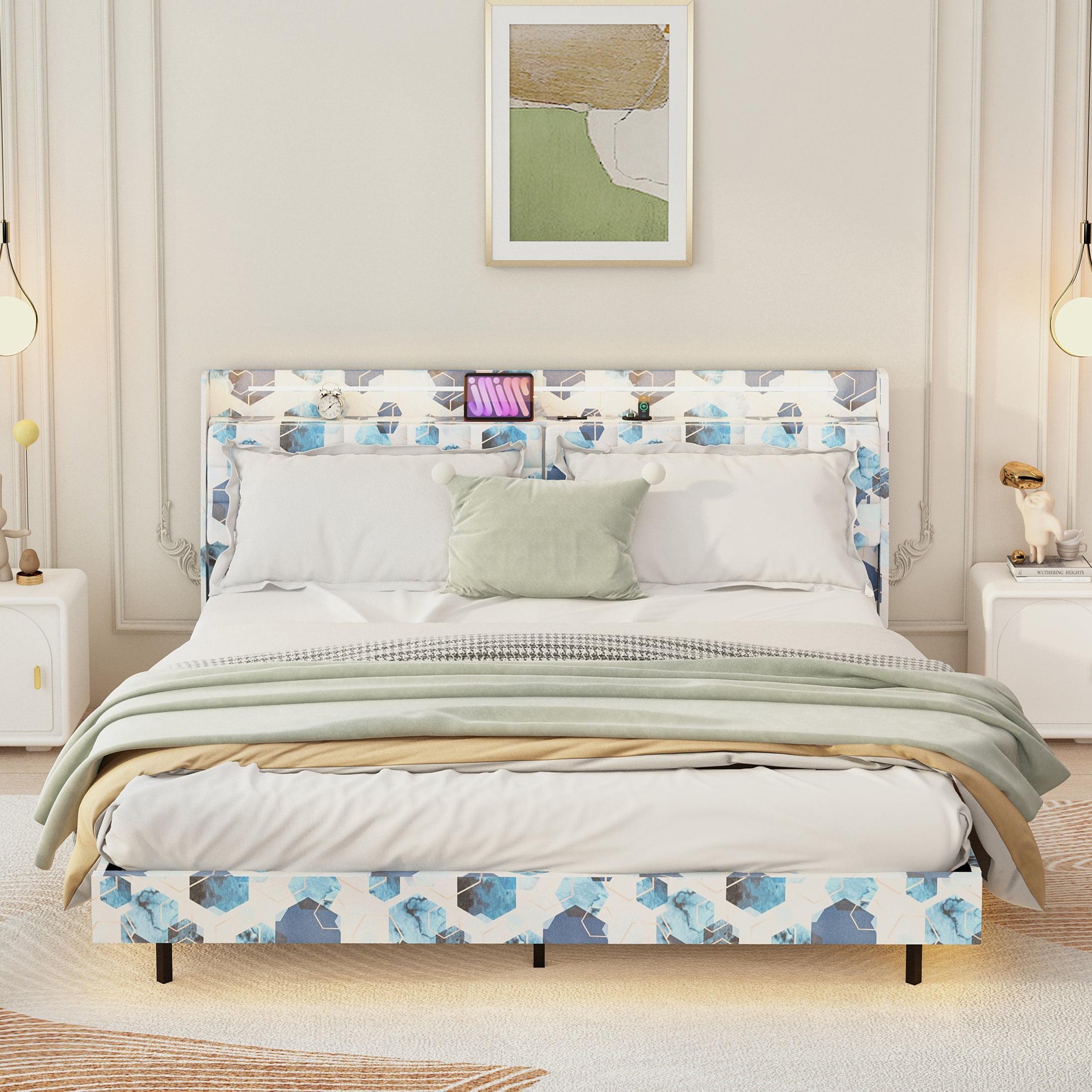 SYNGAR Floating Queen Bed Frame with Upholstered Storage Headboard, Modern Metal Bed Frame with LED Light and Charging Station, Noise Free, Wood Slat Support, No Box Spring Needed, Muticolor