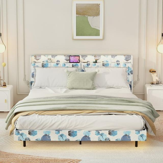 SYNGAR Floating Queen Bed Frame with Upholstered Storage Headboard, Modern Metal Bed Frame with LED Light and Charging Station, Noise Free, Wood Slat Support, No Box Spring Needed, Muticolor
