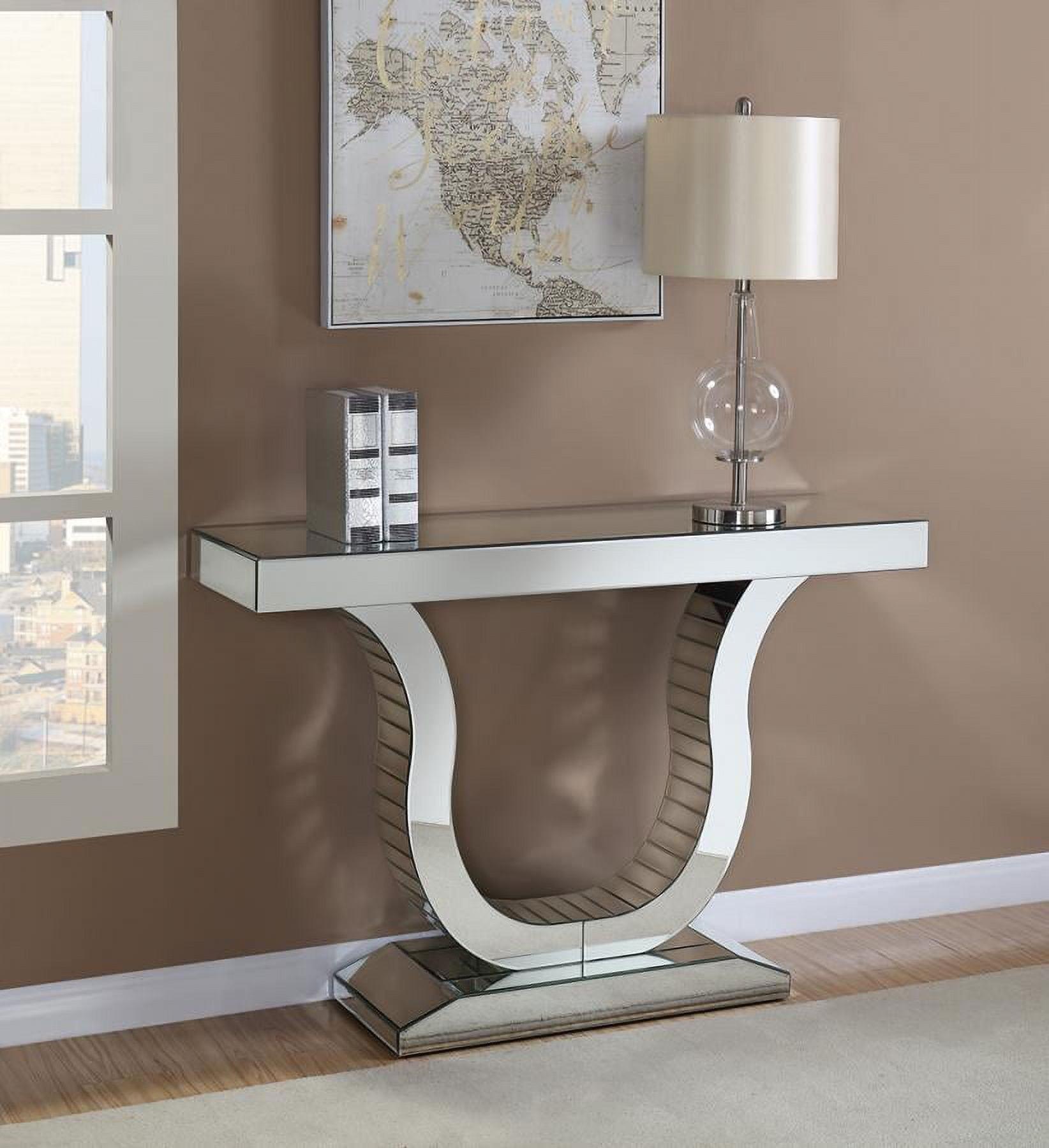 Sleek Silver U-Shaped Metal and Glass Console Table with Mirror Finish