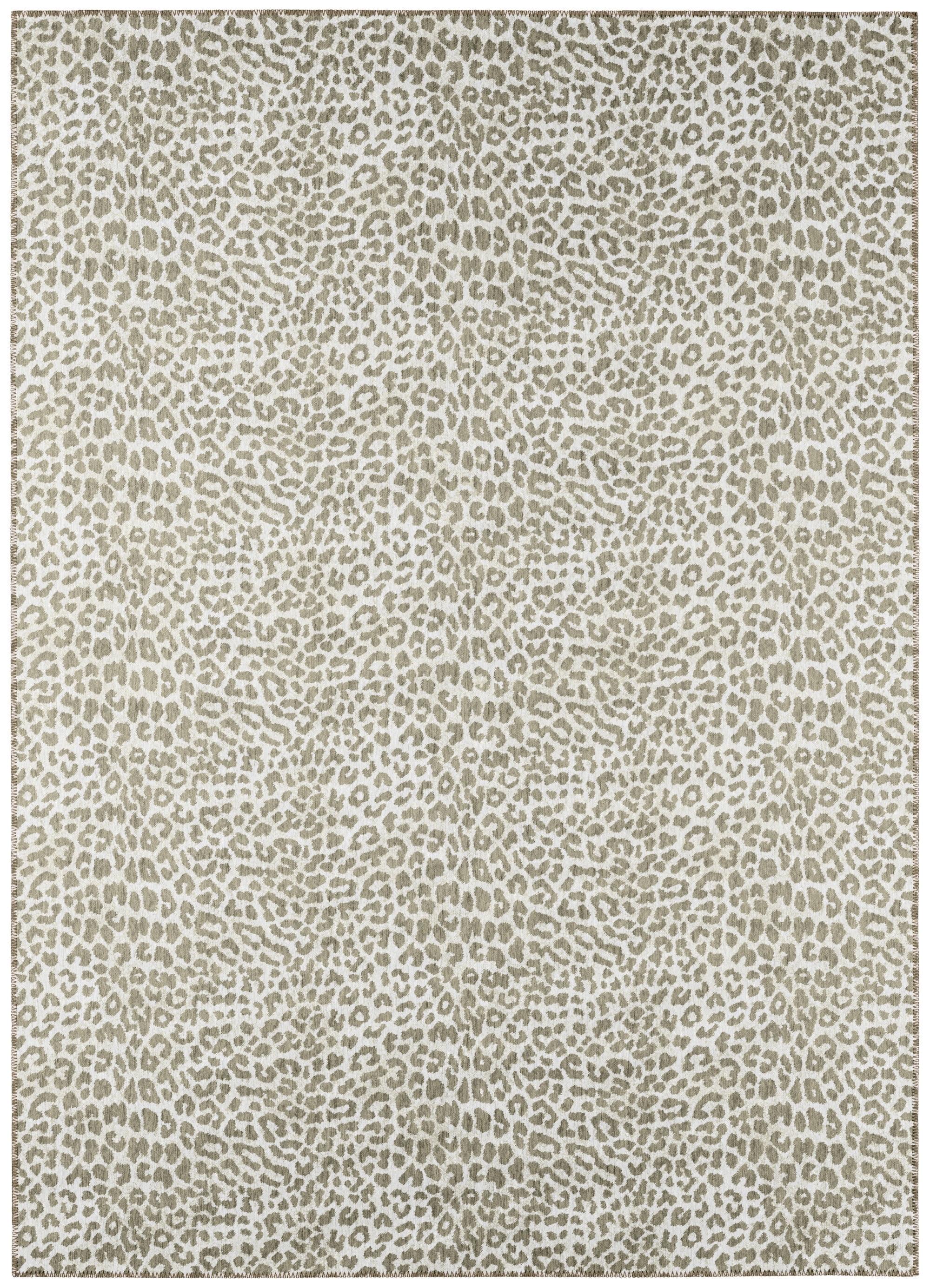 Taupe and Ivory Leopard Print Washable Chenille Area Rug 5' x 7'