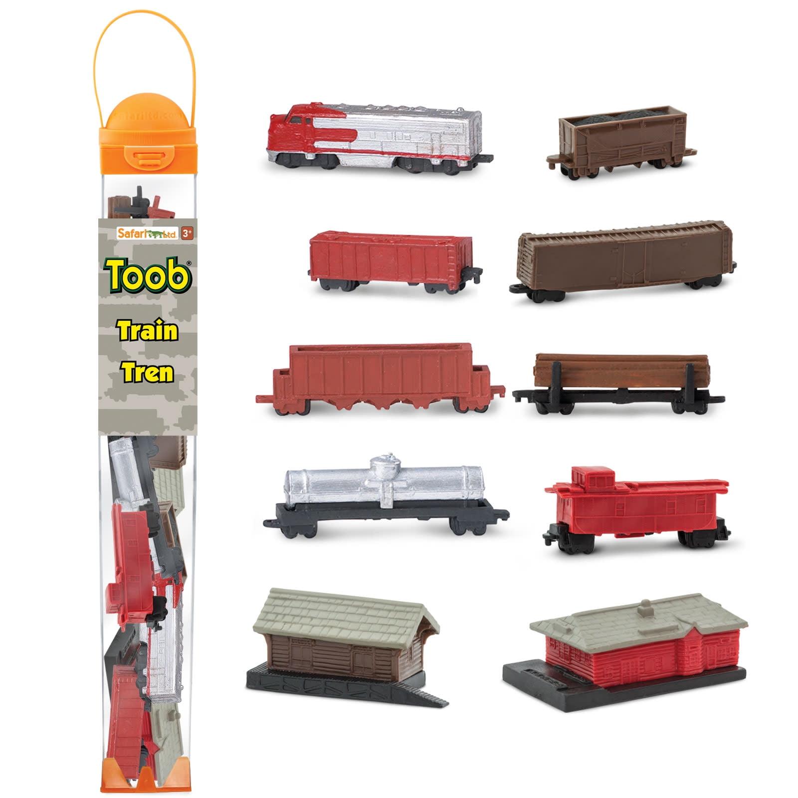 Safari Ltd. Train TOOB - Figurines of Freight Station, Cargo Car, Log Car, Coal Car, Fuel Car, Engine, Passenger Station, Caboose - Educational Toy Figures For Boys, Girls & Kids Ages 3+