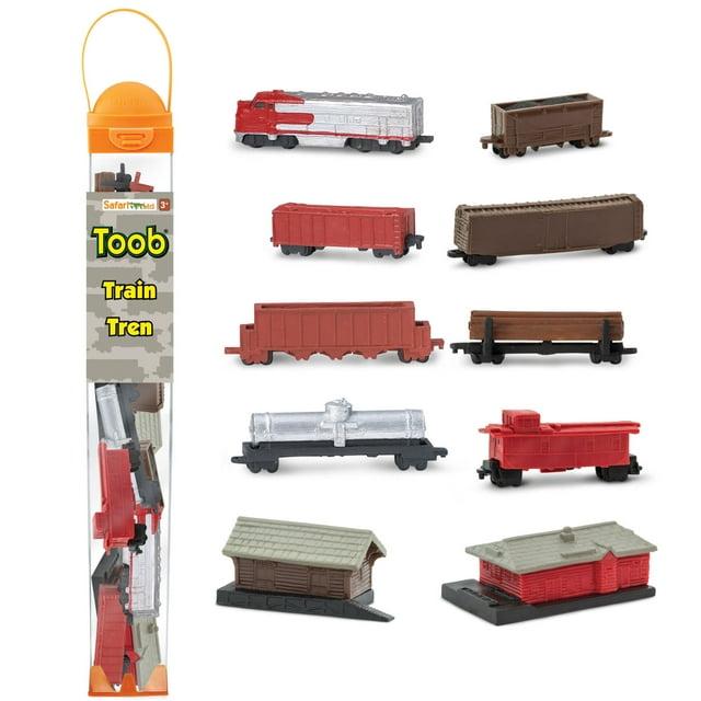 Safari Ltd. Train TOOB - Figurines of Freight Station, Cargo Car, Log Car, Coal Car, Fuel Car, Engine, Passenger Station, Caboose - Educational Toy Figures For Boys, Girls & Kids Ages 3+