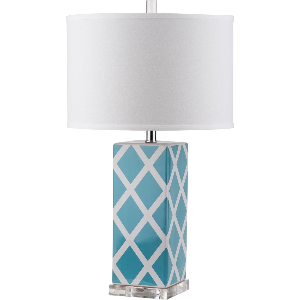 Light Blue Ceramic Lattice Table Lamp with Cotton Shade