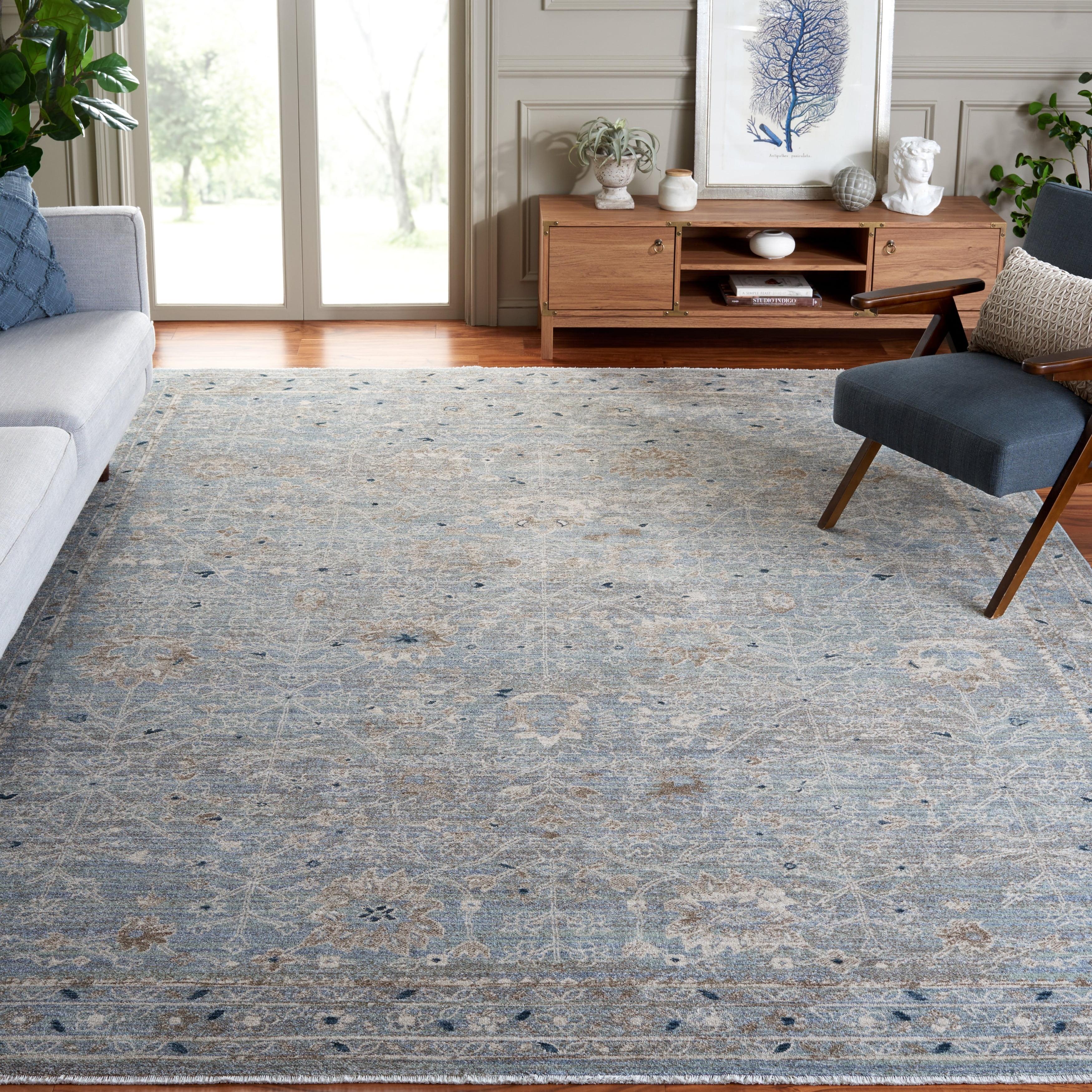 Ivory and Blue Hand-Knotted Rectangular Rug 8' x 10'