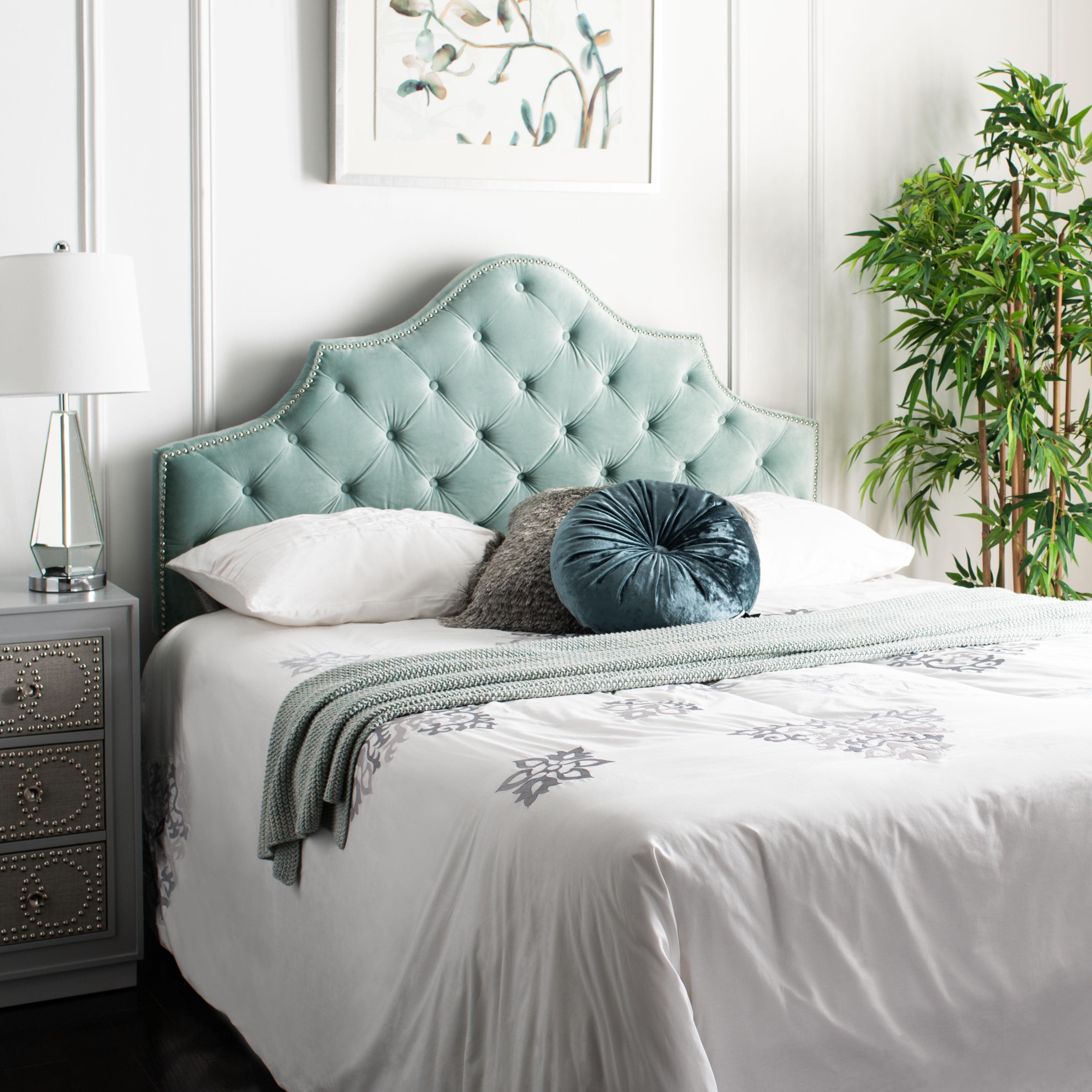 Seafoam Velvet Tufted Queen Headboard with Nailhead Trim