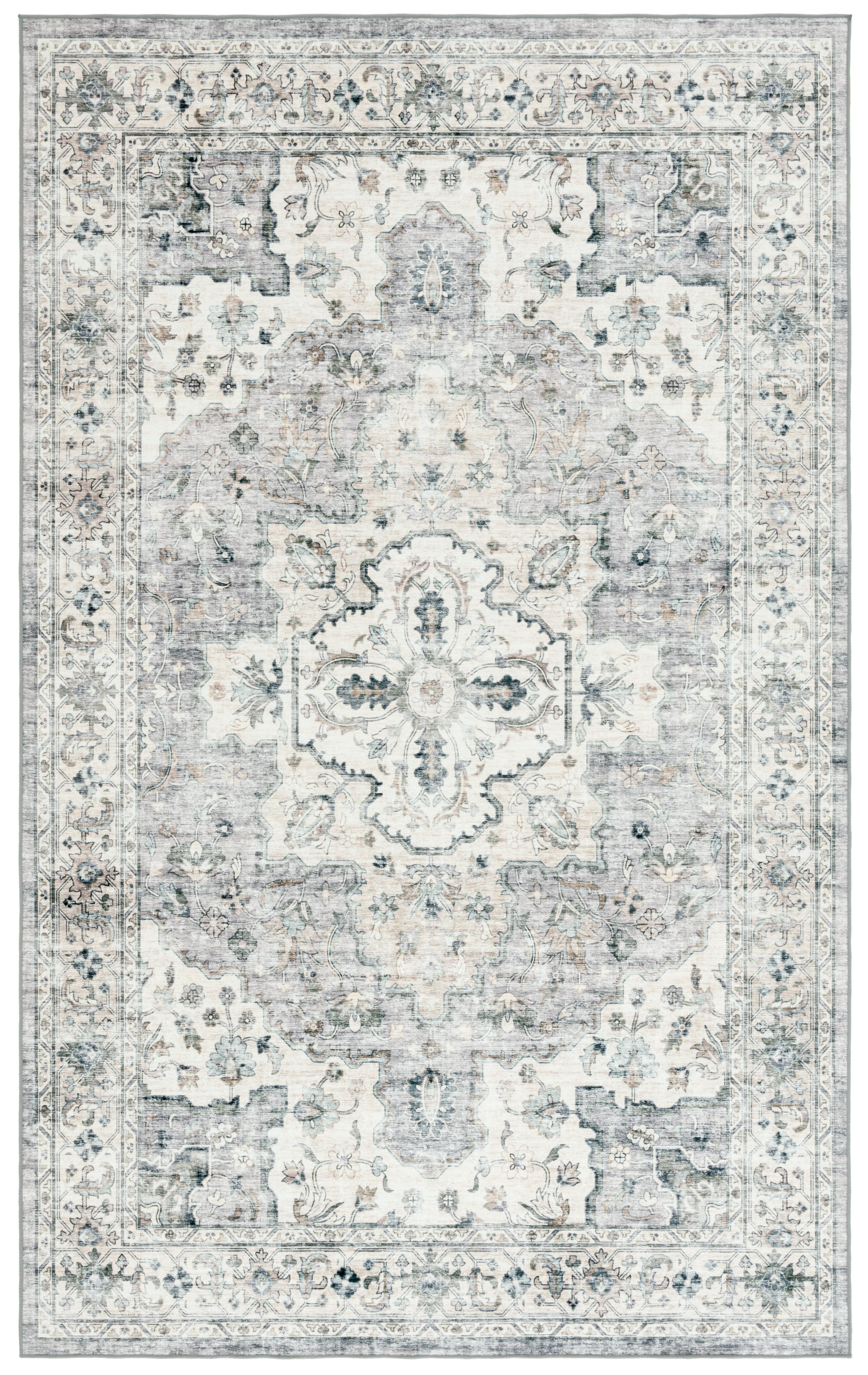 Light Grey and Beige Medallion Synthetic Washable Area Rug 5' x 8'