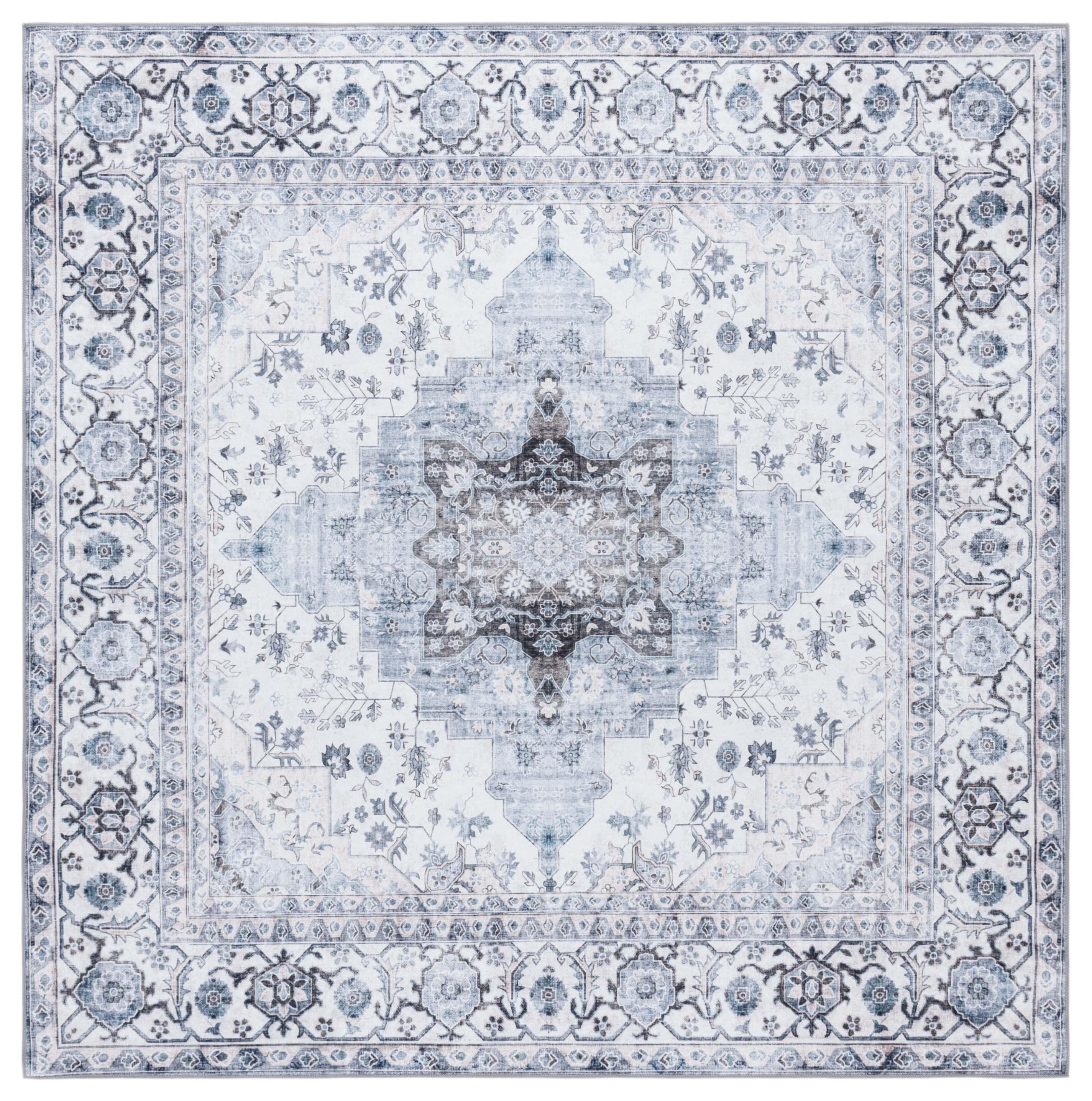 Ivory and Blue 6' x 6' Square Washable Area Rug