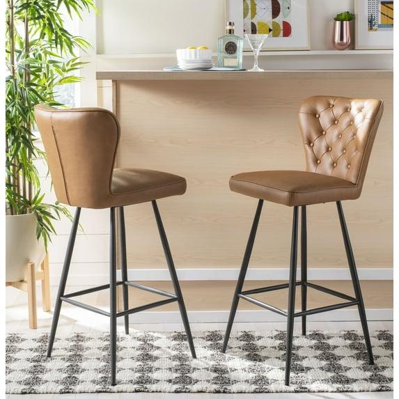 Aster 30"H Mid-Century Modern Leather Tufted Bar Stool (Set of 2) - FOX1703 - Camel - Safavieh Couture