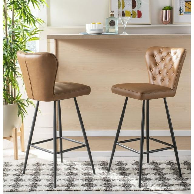 Aster 30"H Mid-Century Modern Leather Tufted Bar Stool (Set of 2) - FOX1703 - Camel - Safavieh Couture