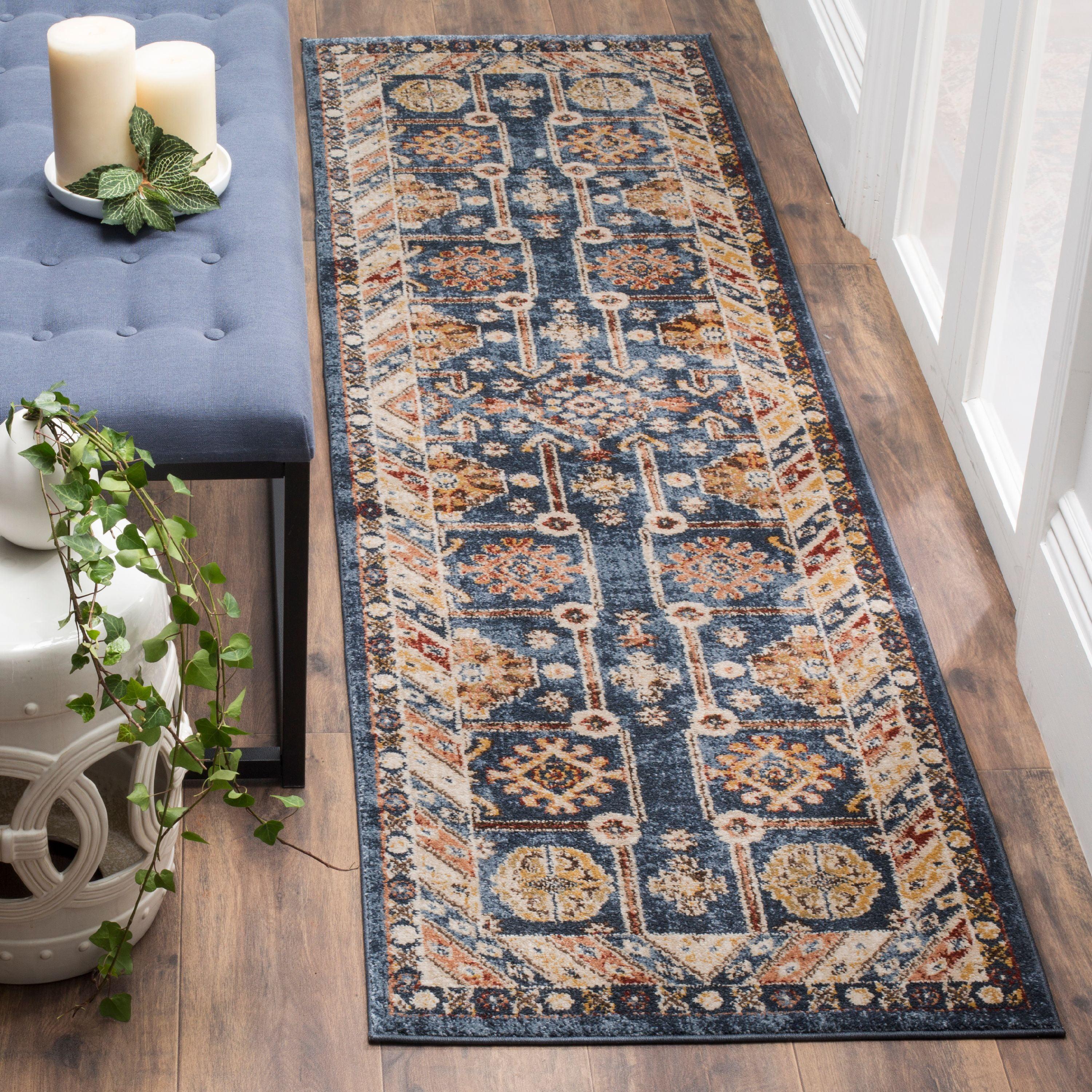 Bijar Blue Synthetic Low Pile Runner Rug