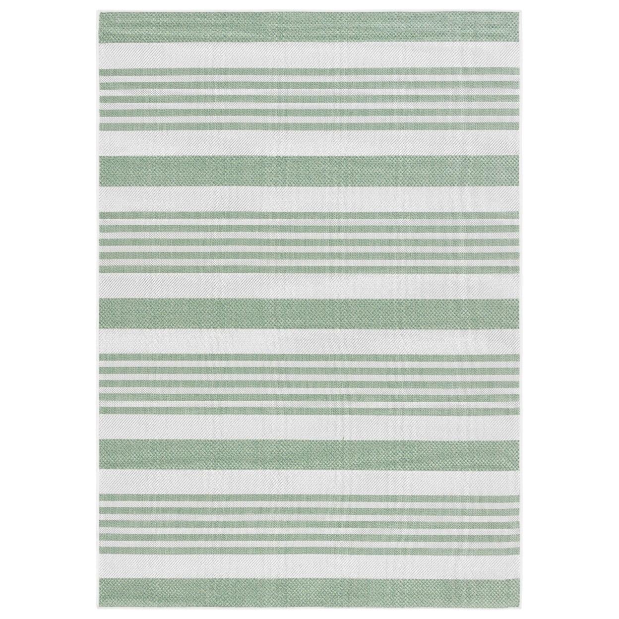 Green and Ivory Striped Synthetic Indoor/Outdoor Runner Rug, 2' x 8'