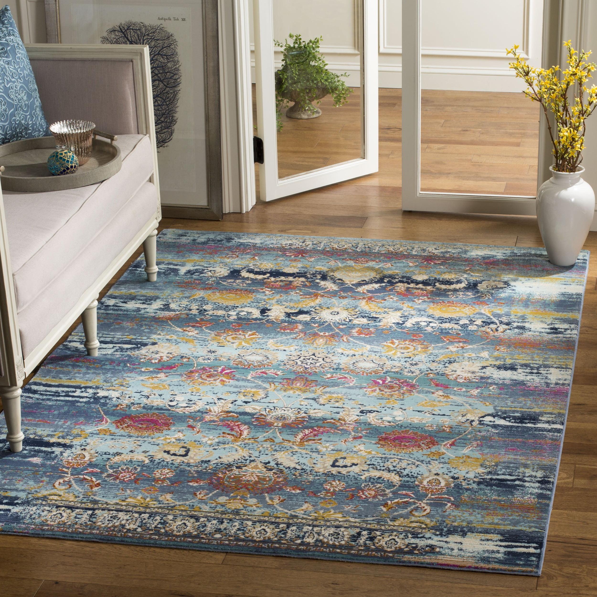 Teal and Beige Floral Motif Square Area Rug