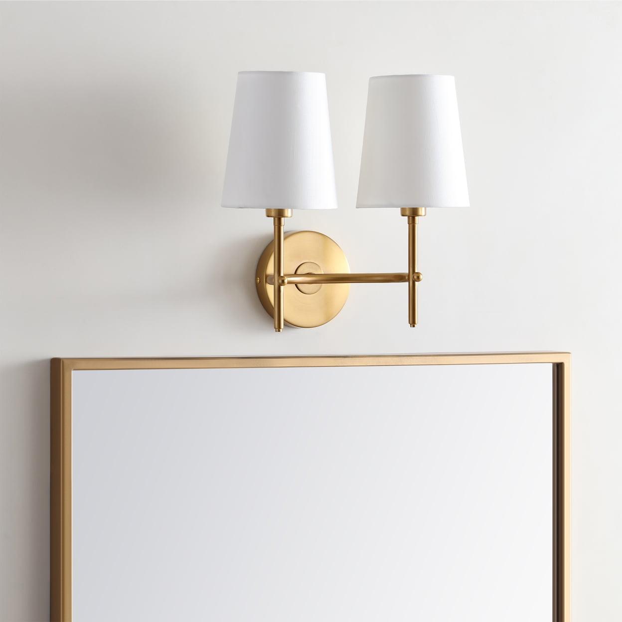 Mid-Century Modern Brass Gold Twin Light Wall Sconce with White Shades