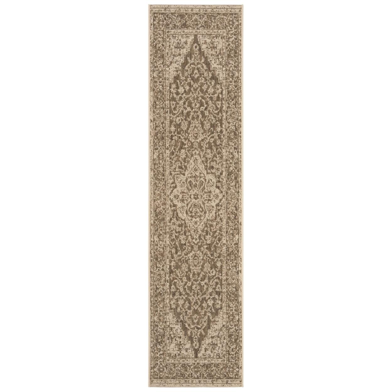 Beige Cream Geometric Synthetic Outdoor Runner Rug 2' x 8'