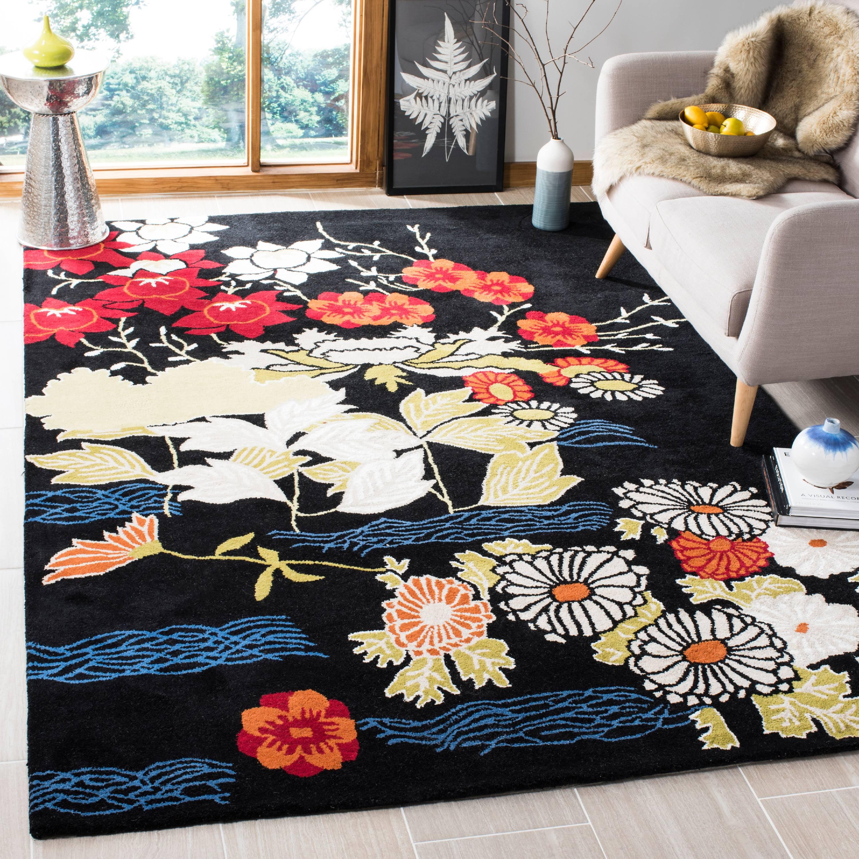 Bella Black and Multi Floral Hand-Tufted Wool Square Rug