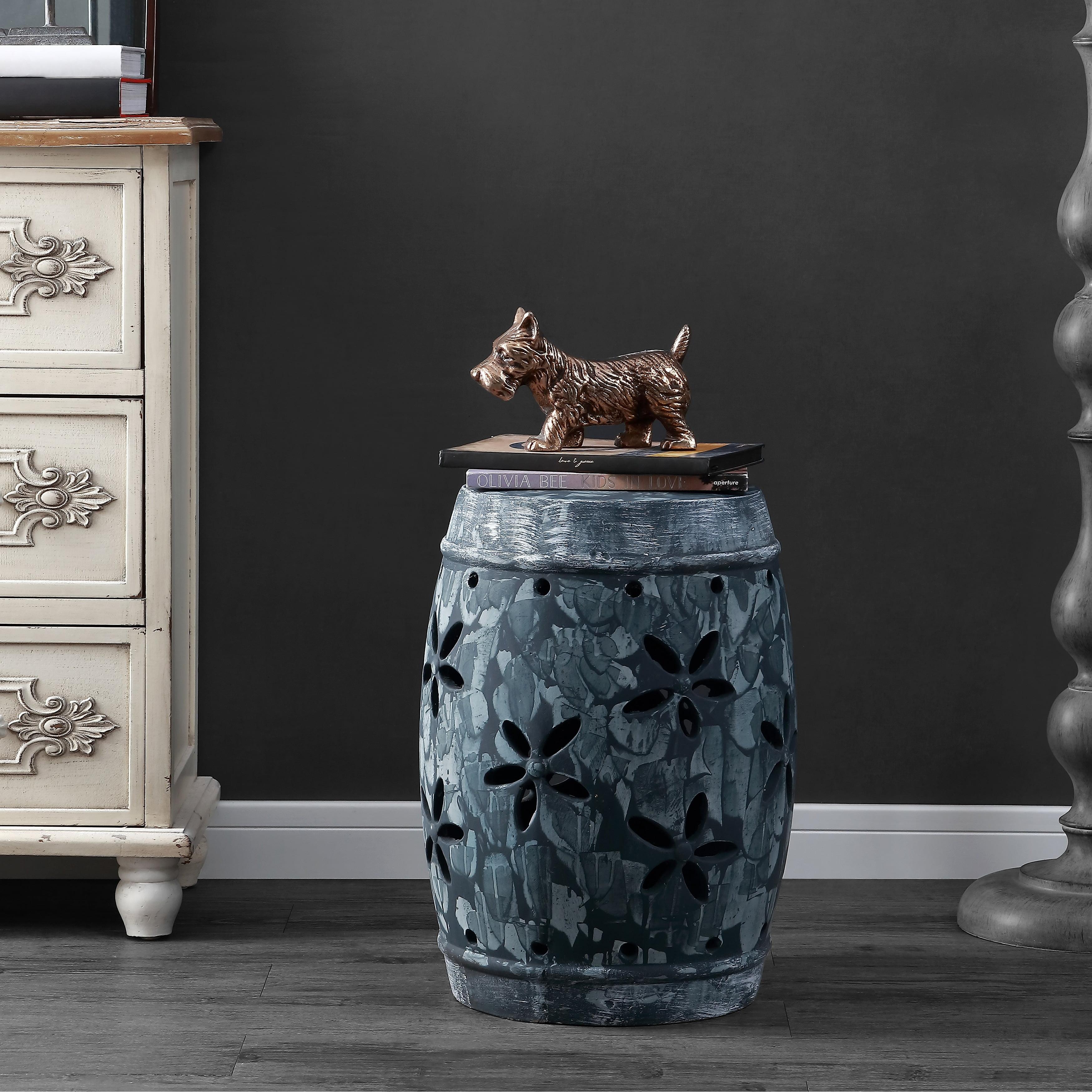 Antiqued Grey Floral Cut-Out Ceramic Garden Stool