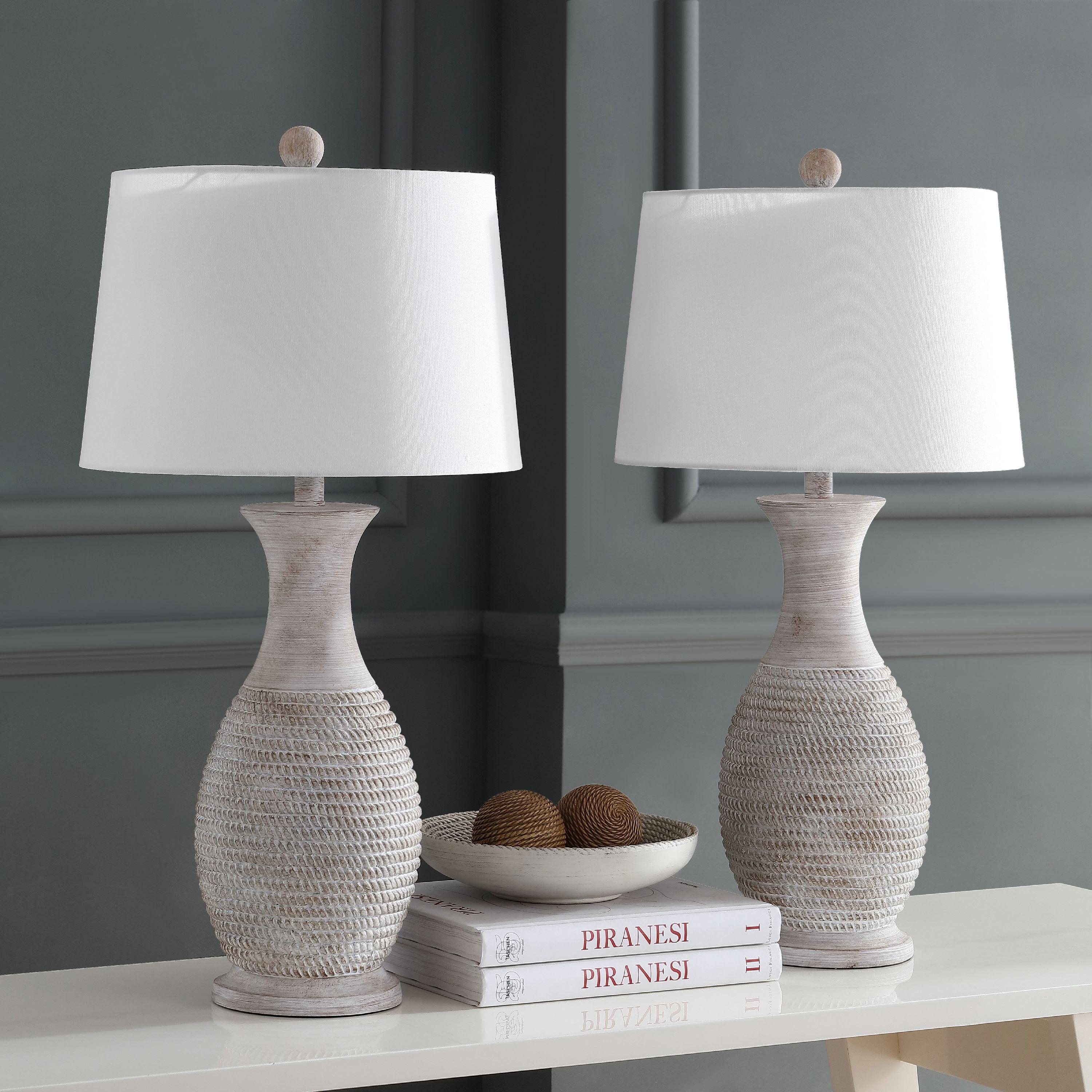 Gray and White Coastal Resin Table Lamp Set with Empire Shade