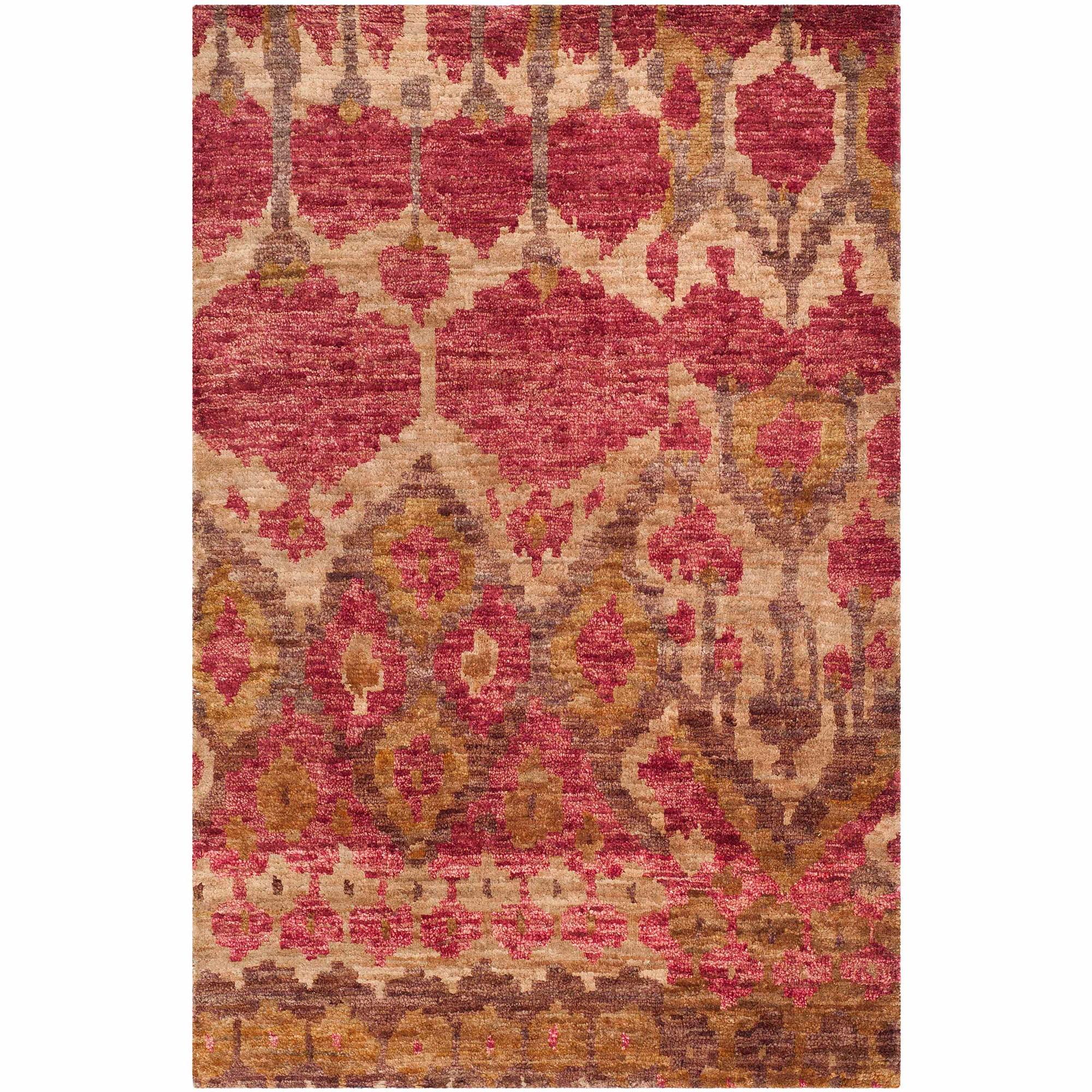 Hand-Knotted Red Ikat Print Bohemian Area Rug