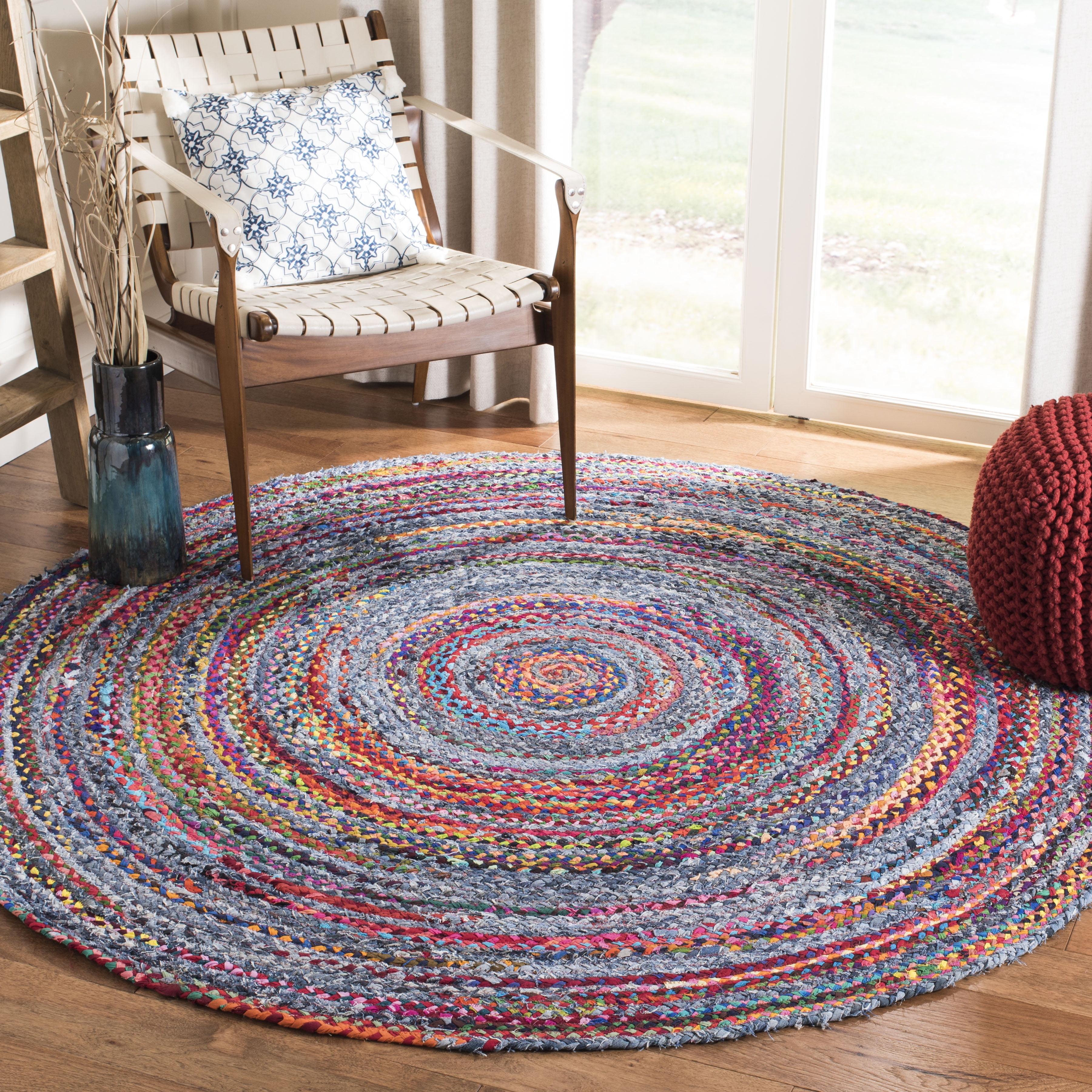 Handwoven Easy Care Round Braided Blue Cotton Rug, 59 in