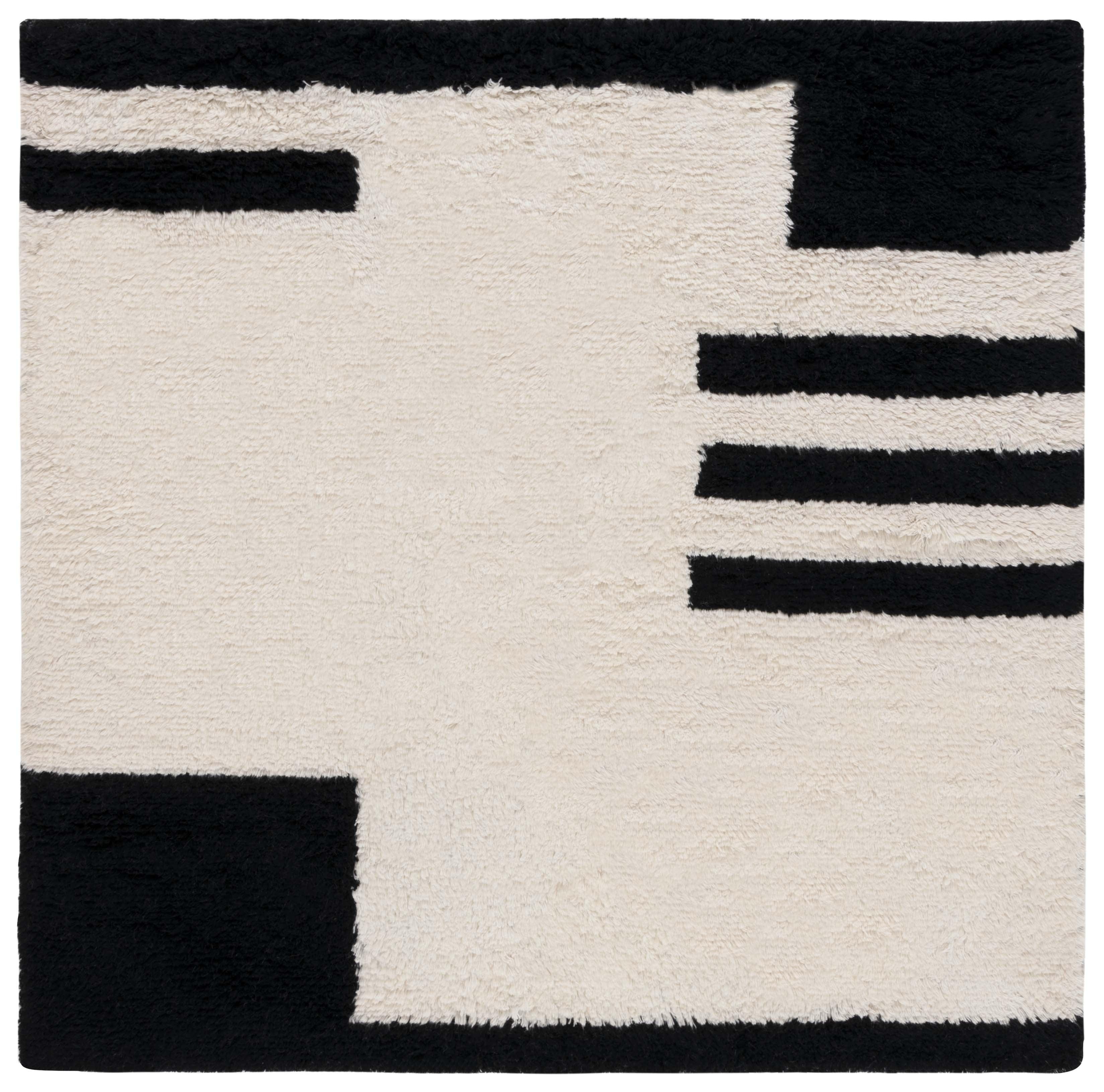 Casablanca Black and Ivory 6' Square Wool Shag Rug