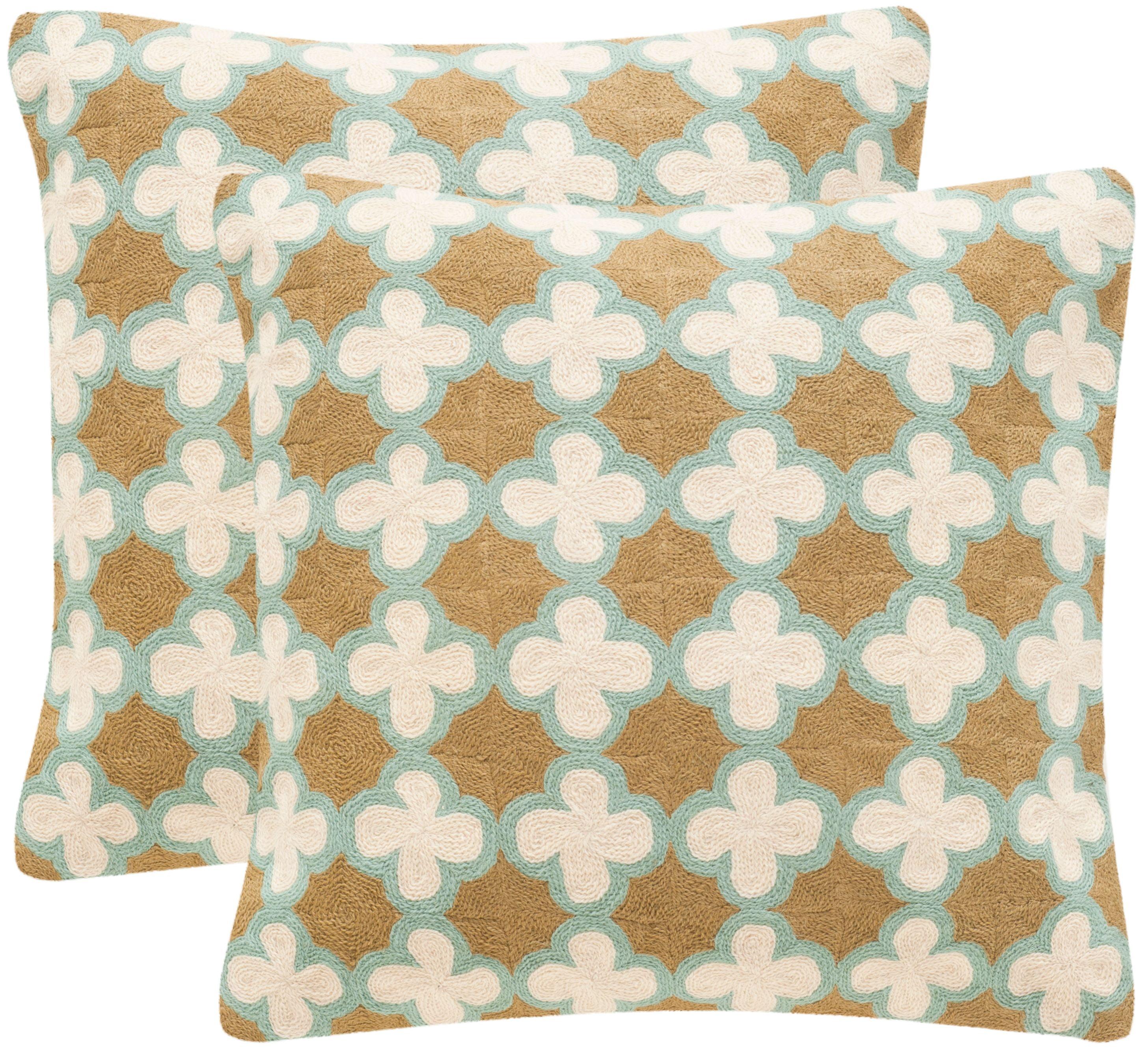 Carna 20" Green and Beige Geometric Wool Throw Pillows, Set of 2