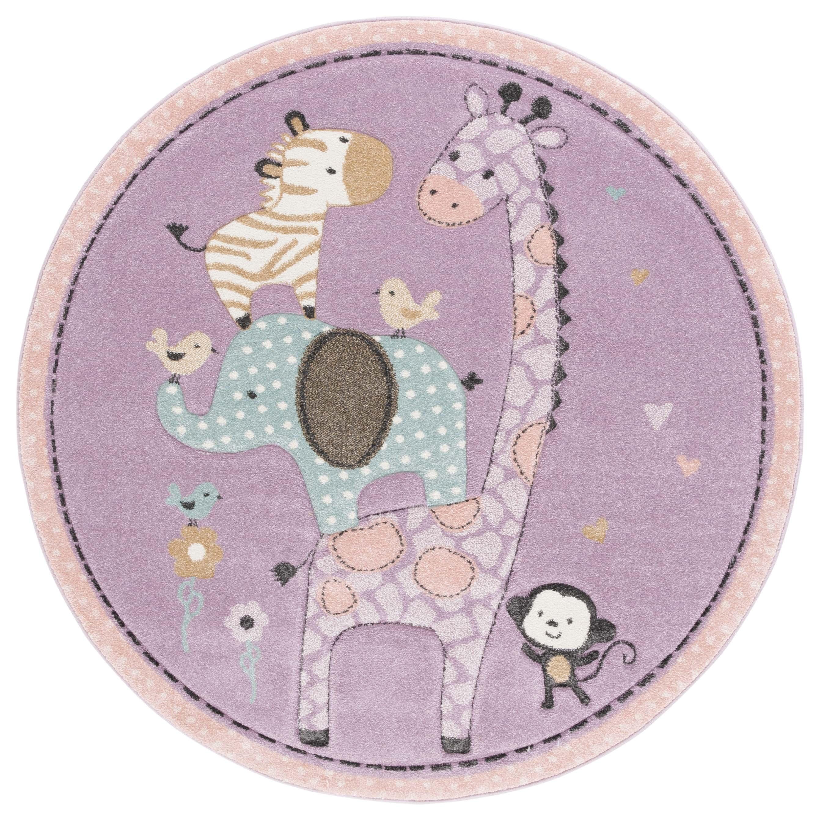 SAFAVIEH Carousel Kids Taneka Animals at Play Area Rug, Purple, 5'3" x 5'3" Round