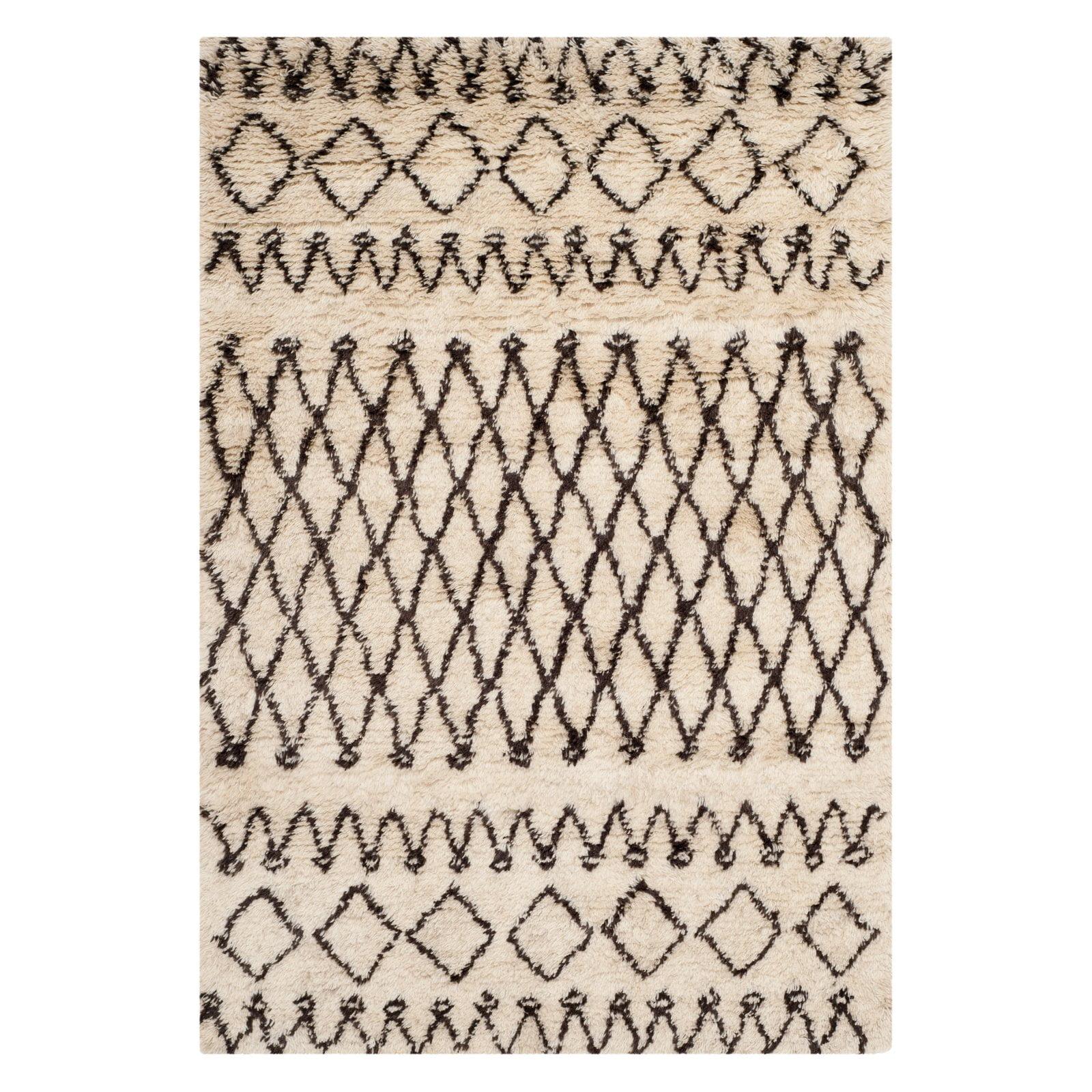 Ivory and Dark Brown Hand-Tufted Wool Shag Area Rug, 6' x 9'