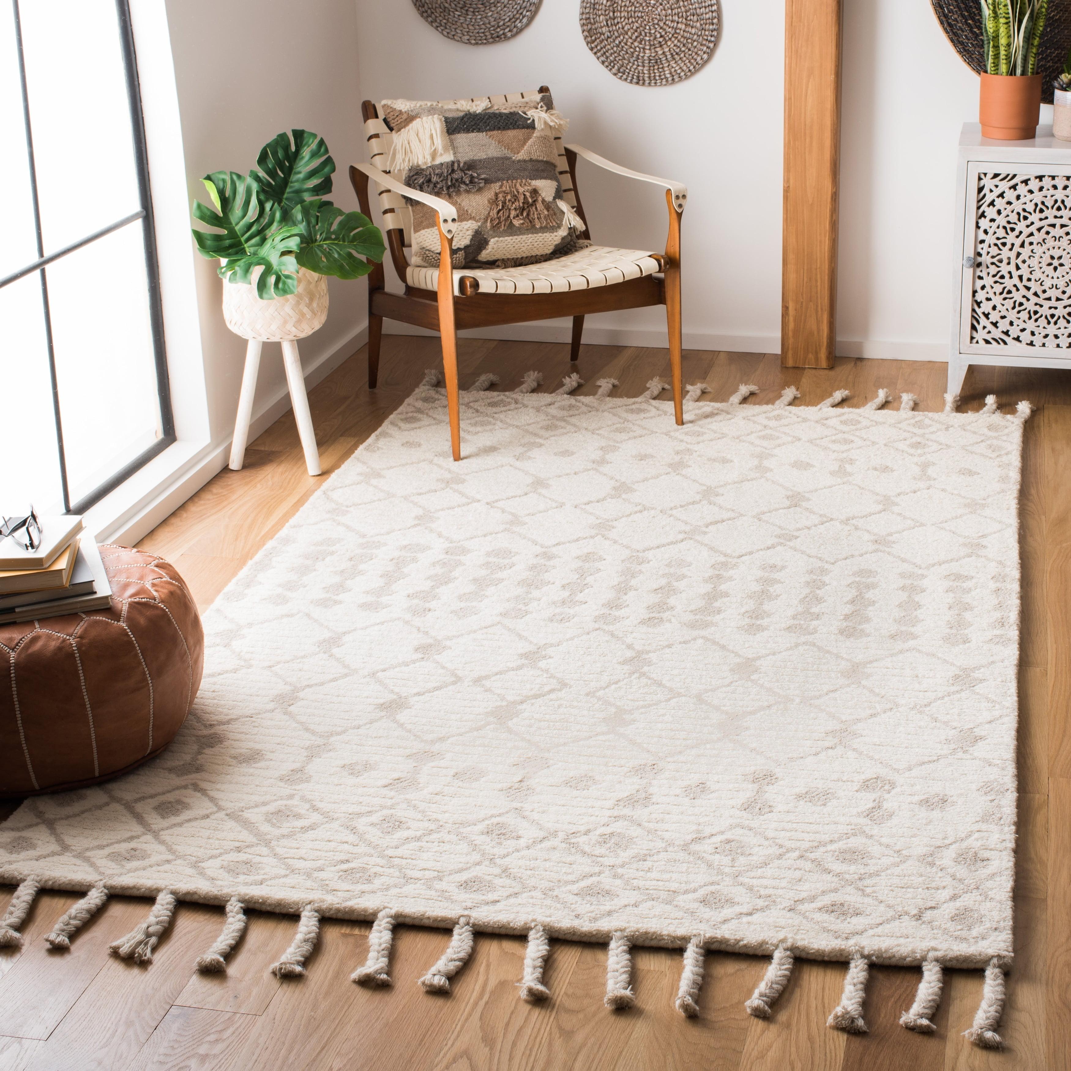 Ivory and Beige Geometric Wool Shag Area Rug 5'x8'