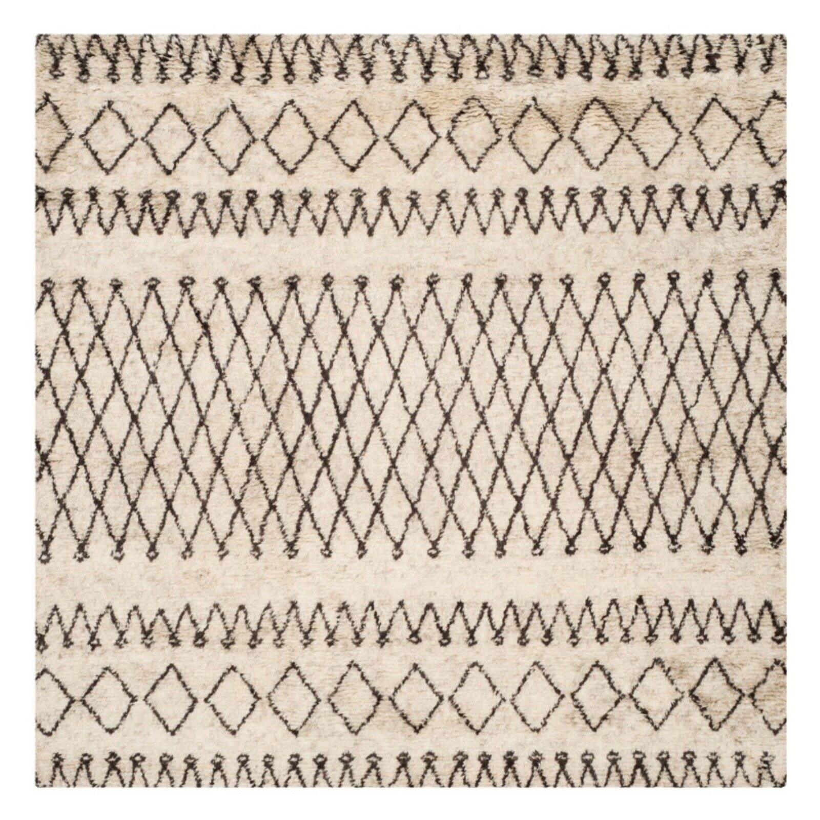 Ivory and Dark Brown Hand-Tufted Wool Shag Rug, 8' x 10'