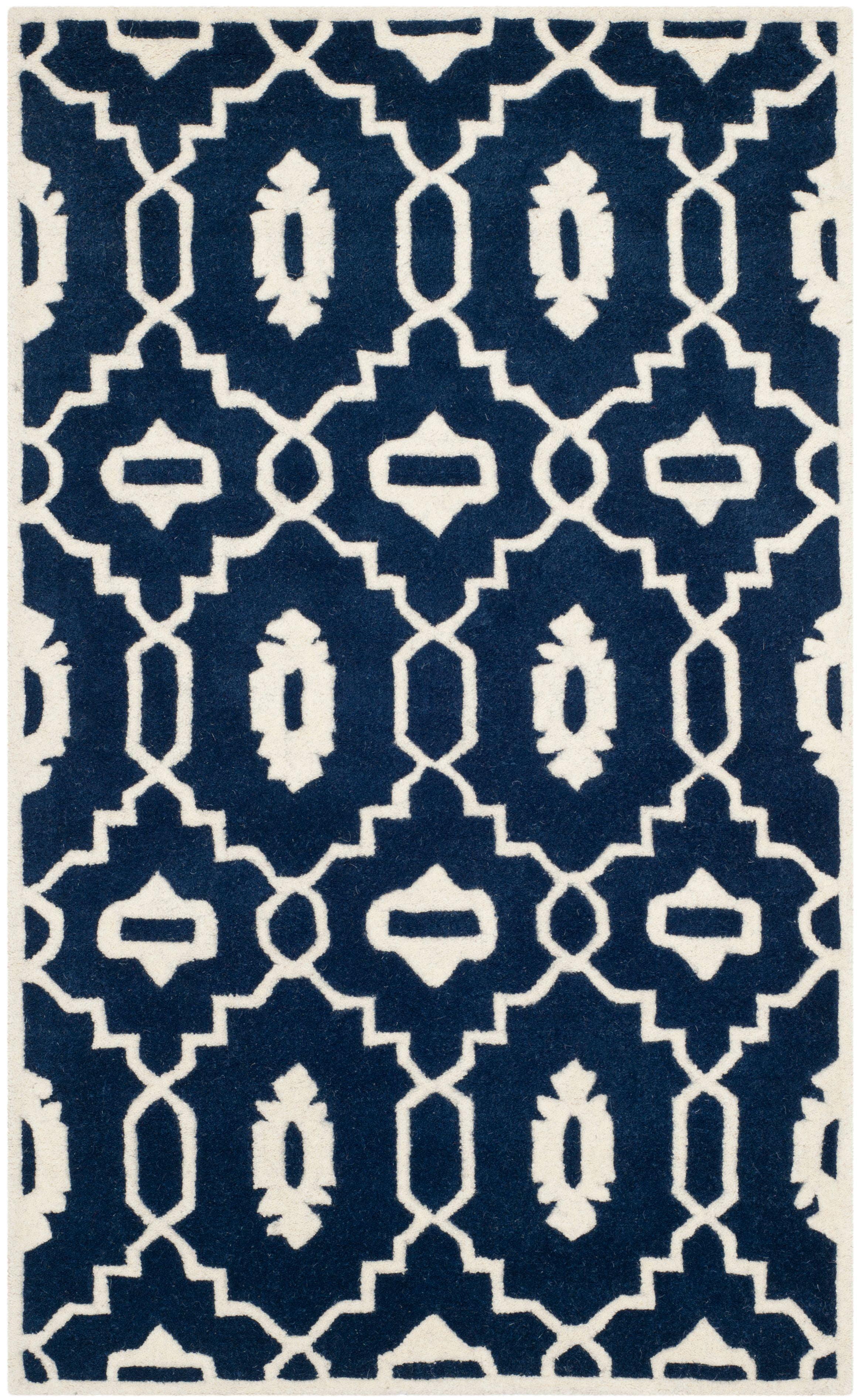 Hand-Tufted Dark Blue and Ivory Wool Geometric Rug, 4' x 6'