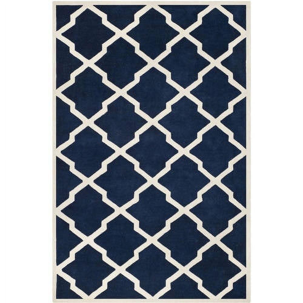 Dark Blue and Ivory Hand-Tufted Wool 6' x 9' Geometric Rug