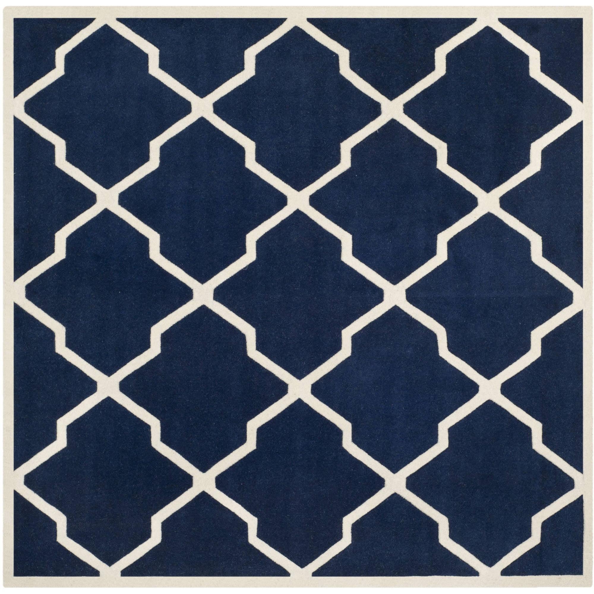 Handmade Dark Blue and Ivory Wool Tufted Square Rug