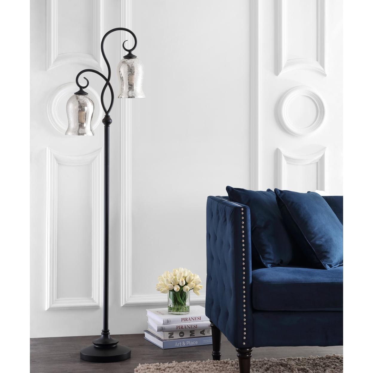 Claudia 63.5" Black Curved Floor Lamp with Silver Ivory Glass Shades