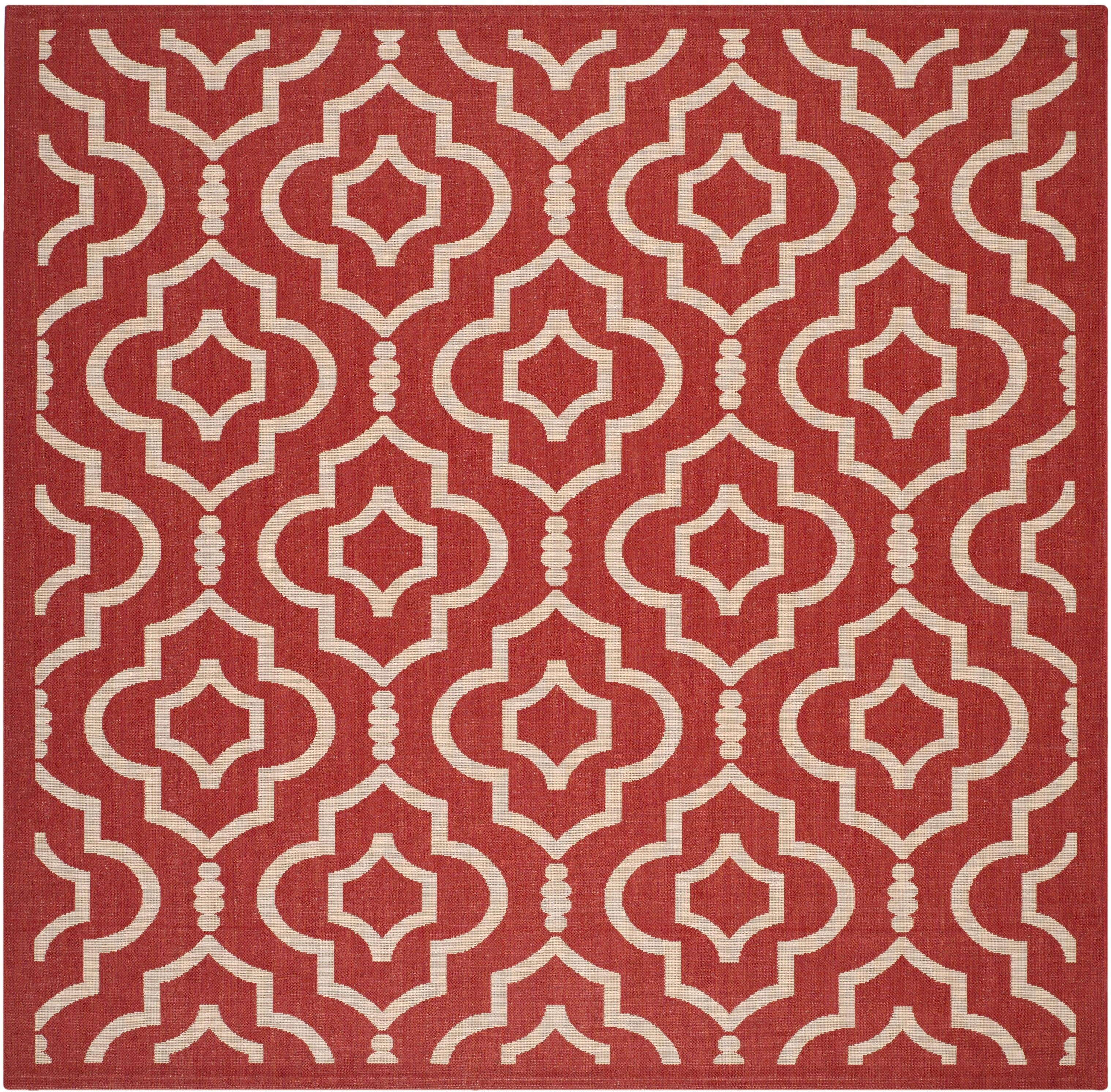 Red and Bone Geometric Square Indoor/Outdoor Area Rug
