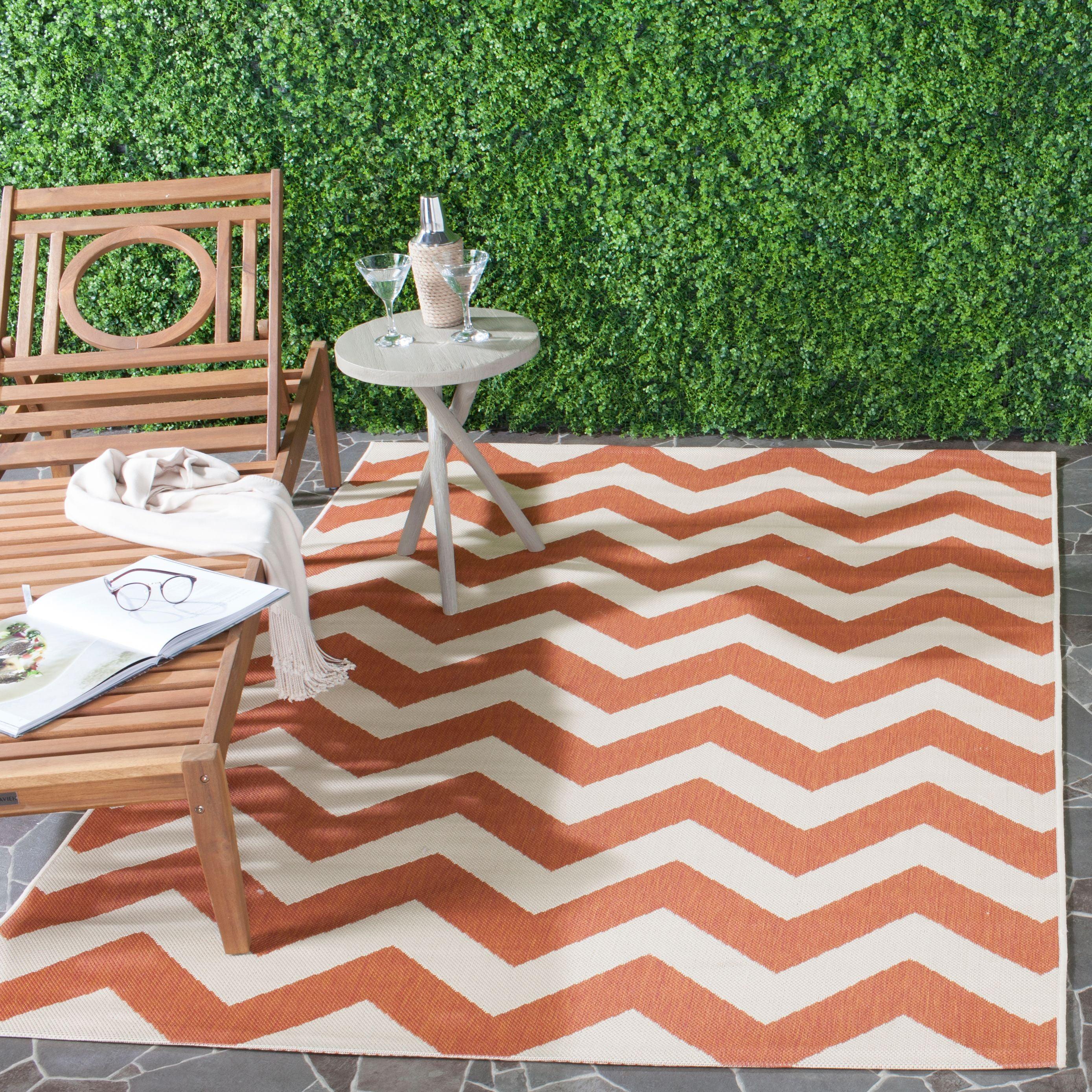 Terracotta and Beige Square Synthetic Outdoor Accent Rug