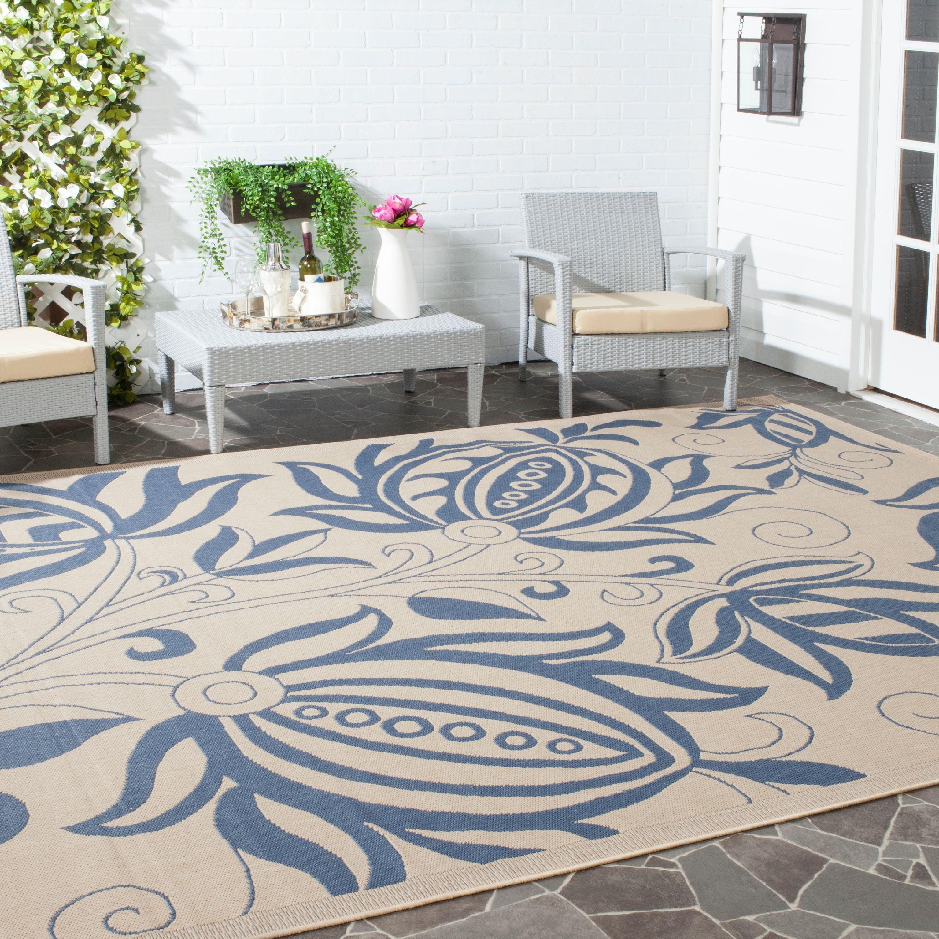 Courtyard CY2961 Power Loomed Indoor and Outdoor Area Rug - Natural/Blue - 7'10"x7'10" - Safavieh